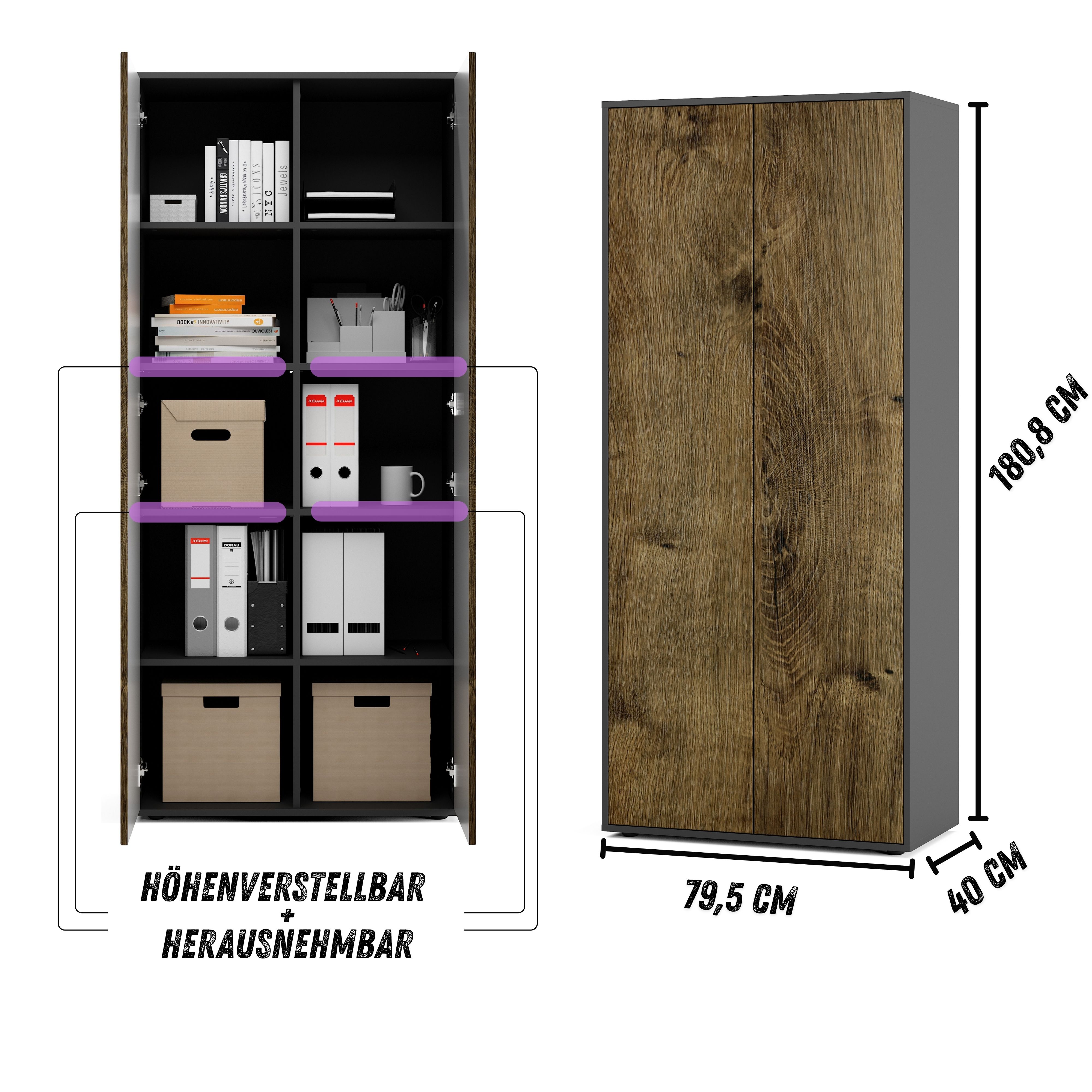 Büroschrank Amira T00, geschlossener Schrank mit 2 großen Türen, Anthrazit Korpus, Fronten in Eiche Ribbeck, Push-to-Open, 180x80x40 cm, Aktenregal für Büro und Homeoffice