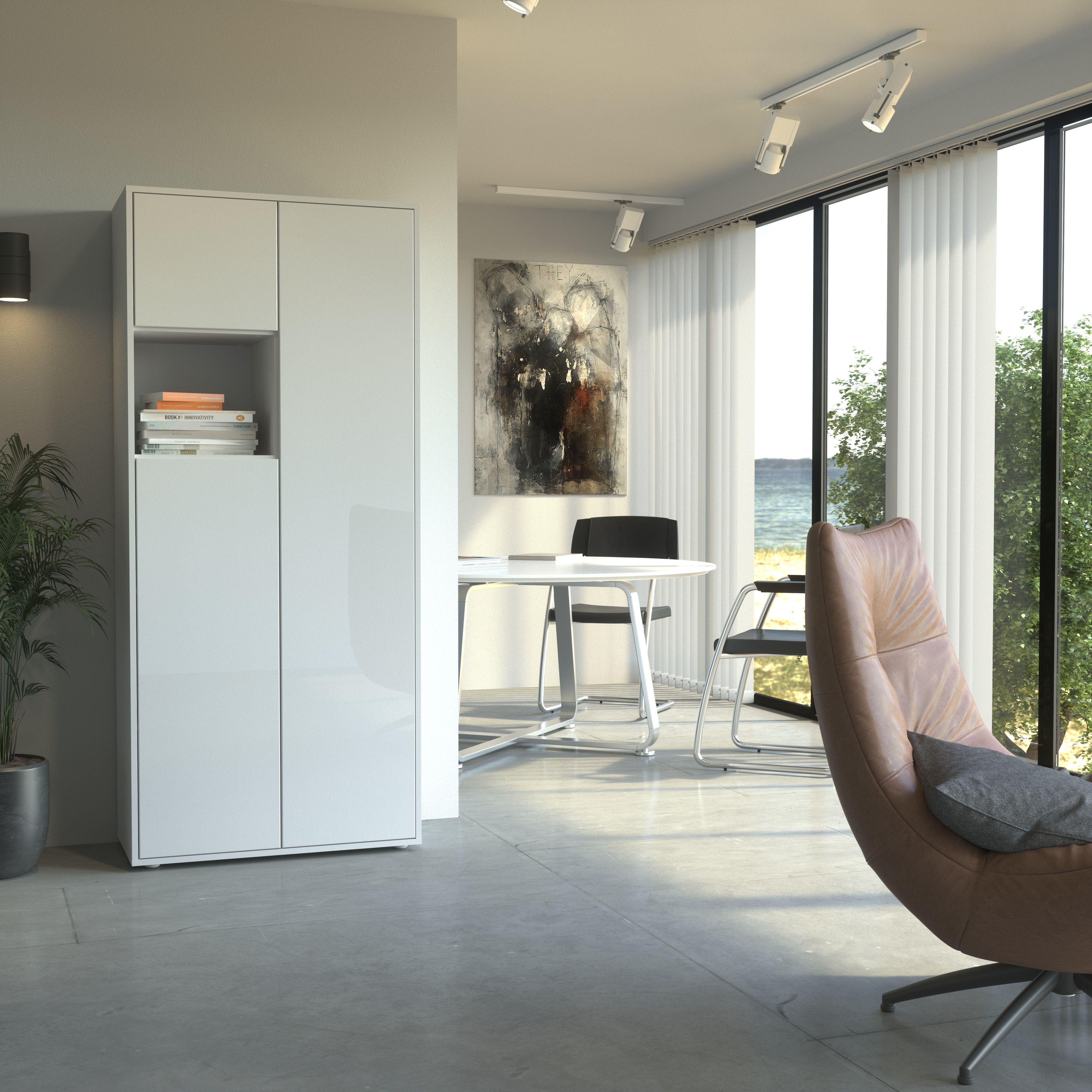 Büroschrank Amira T10 | Aktenschrank & Mehrzweckschrank mit offenem Fach | Weiß & Weiß Hochglanz | Push-to-Open | 180x80x40 cm | Modern für Büro & Homeoffice