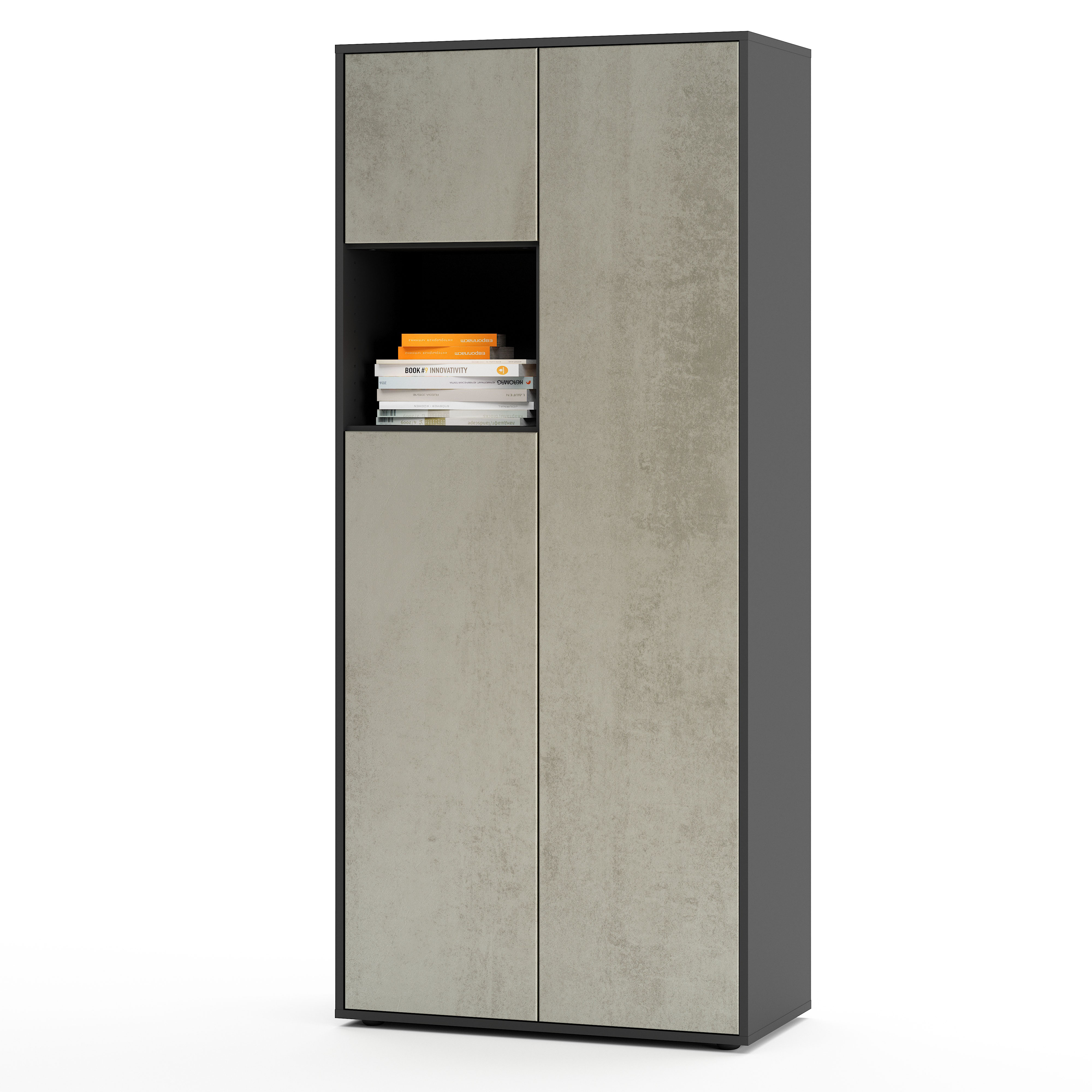 Büroschrank Amira T10, Schrank mit kleinem offenem Fach, Anthrazit , Push-to-Open, 180x80x40 cm, Büroschrank mit Ablage für Deko