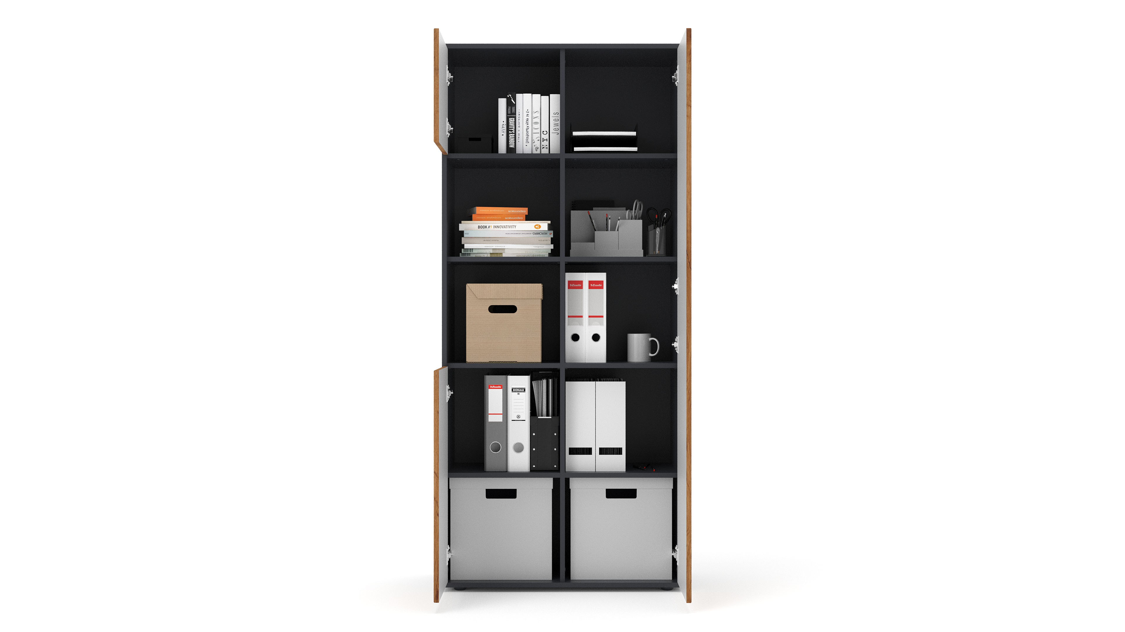 Büroschrank Amira T20, Schrank mit Zwei offenen Fächern, Anthrazit Korpus, Fronten in Eiche Wotan , Push-to-Open, 180x80x40 cm, Büroschrank für Büro und Homeoffice