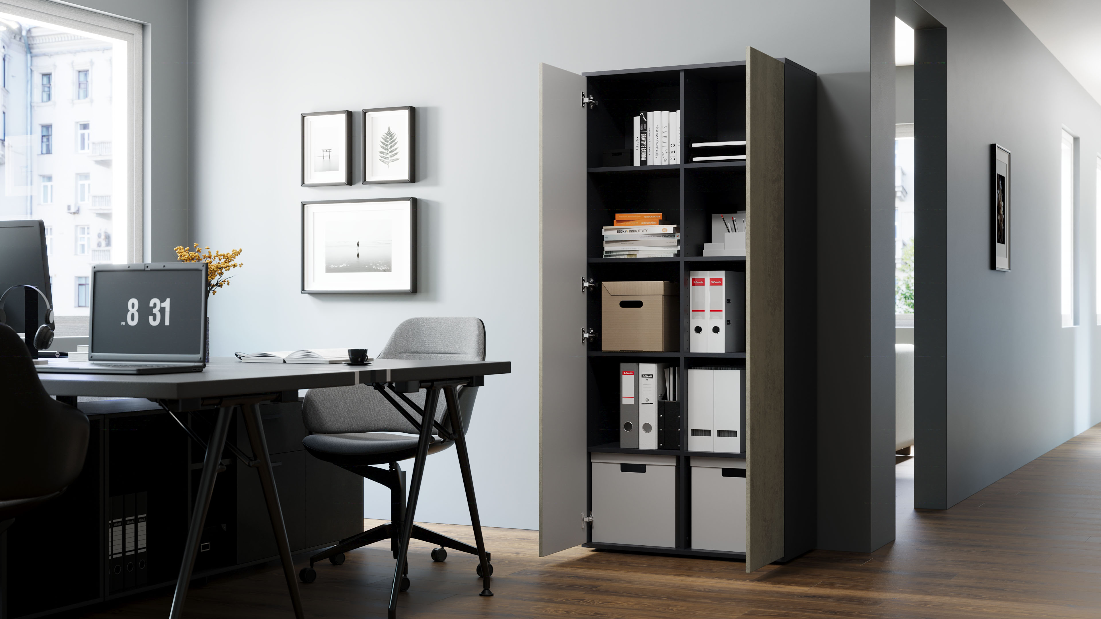 Büroschrank Amira T00, geschlossener Schrank mit 2 großen Türen, Anthrazit Korpus, Fronten in Beton Oxid, Push-to-Open, 180x80x40 cm, Aktenregal für Büro und Homeoffice