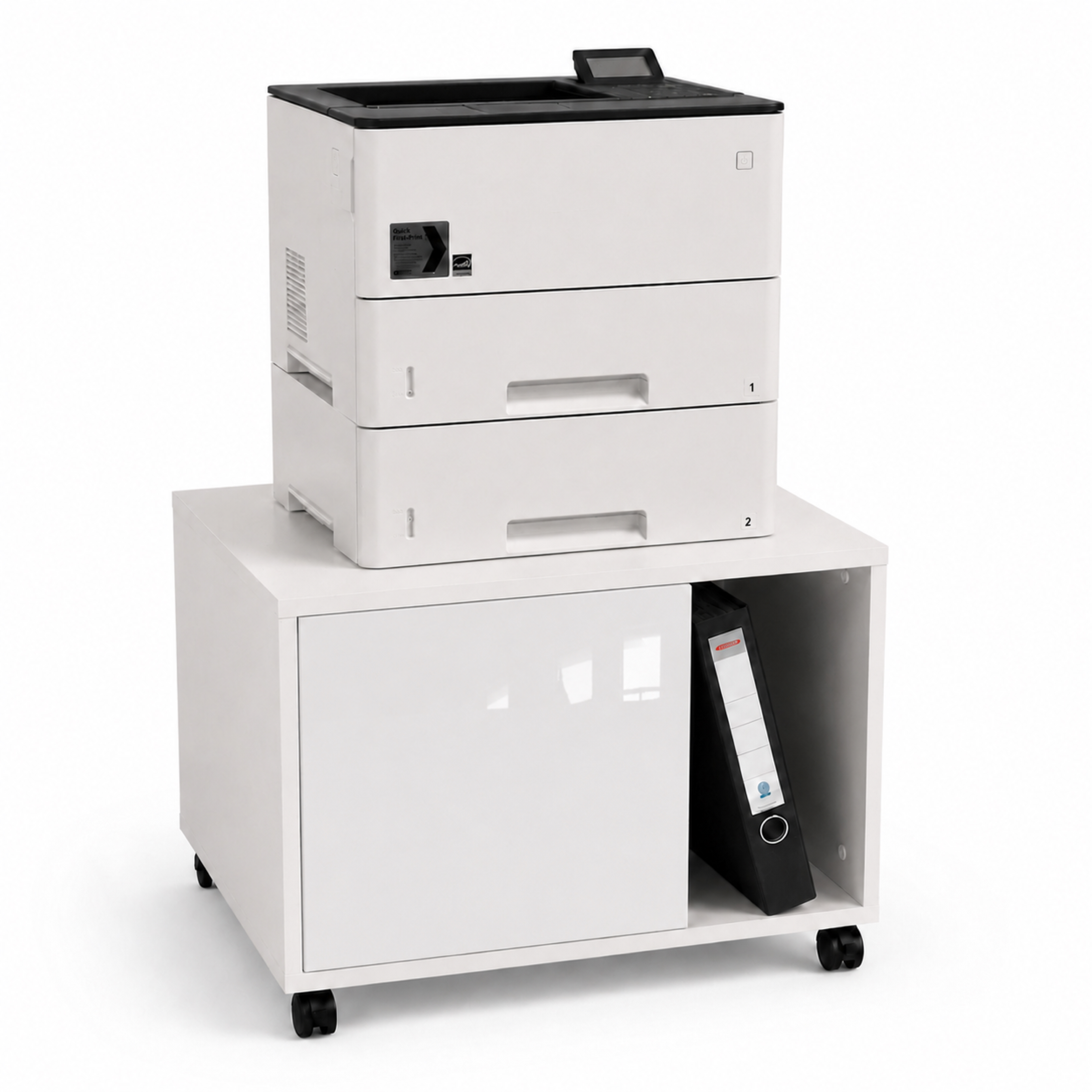 Druckerschrank Amira Weiß Hochglanz Front, Druckerkommode mit Rollen, 58x52x44 cm, Push-to-Open Tür, extra tief und geschlossen