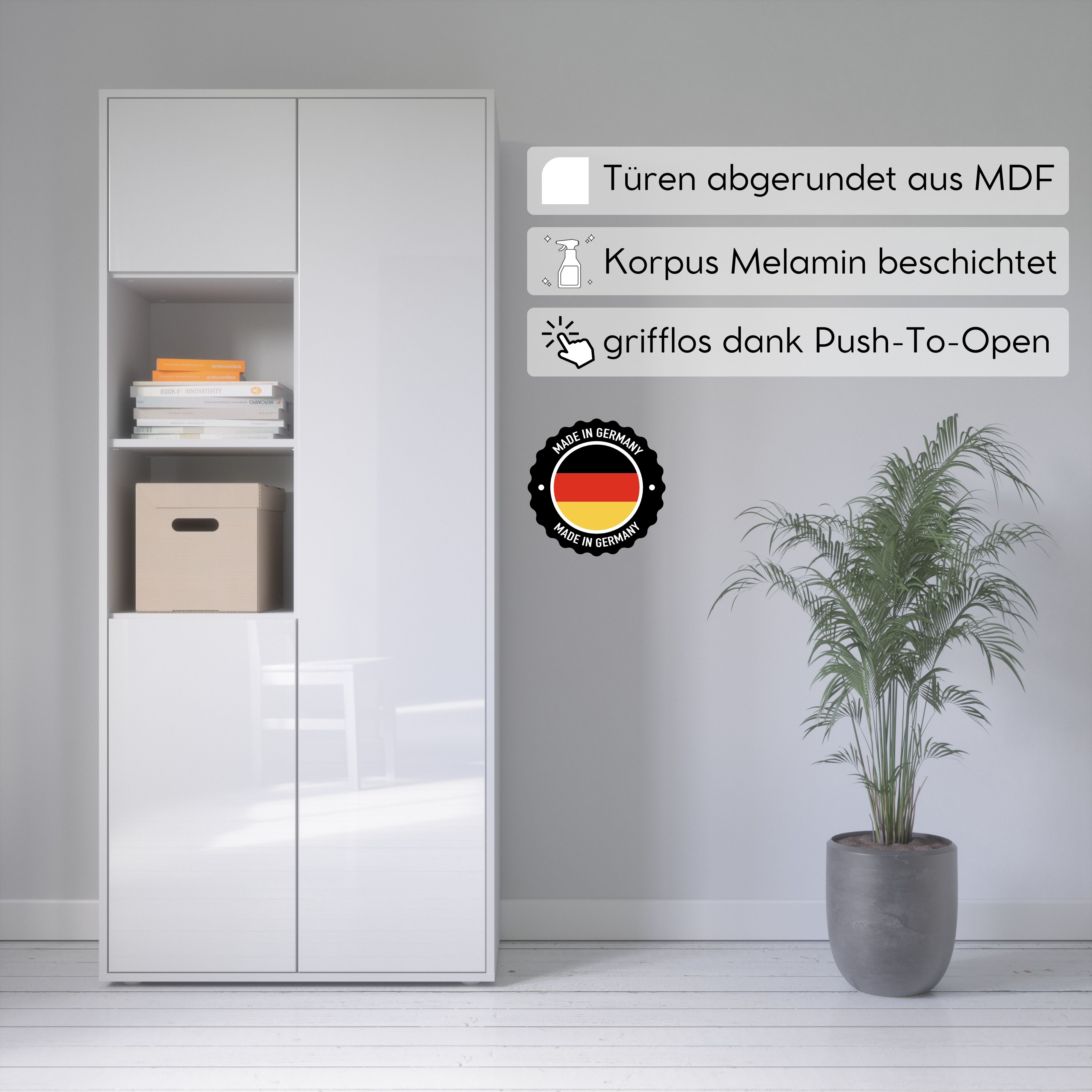 Büroschrank Amira T20 | mit 2 offenen Fächern | Aktenschrank & Mehrzweckschrank in Korpus Weiß & Front Weiß Hochglanz | Push-to-Open | 180x80x40 cm