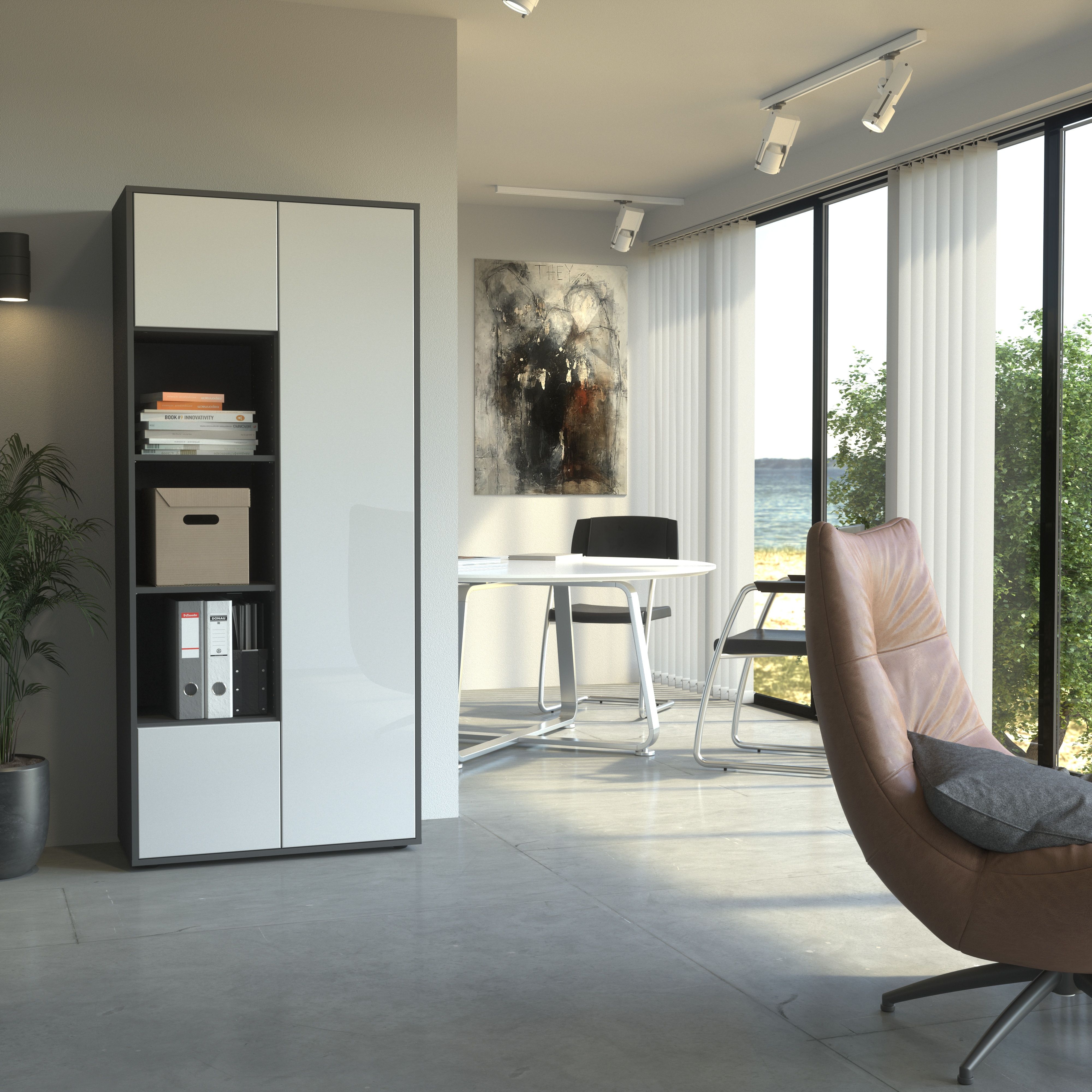 Büroschrank Amira T30, Schrank mit DREI offenen Fächern, Anthrazit Korpus, Fronten in Weiß Hochglanz, Push-to-Open, 180x80x40 cm, Moderner Schrank für Büro und Homeoffice