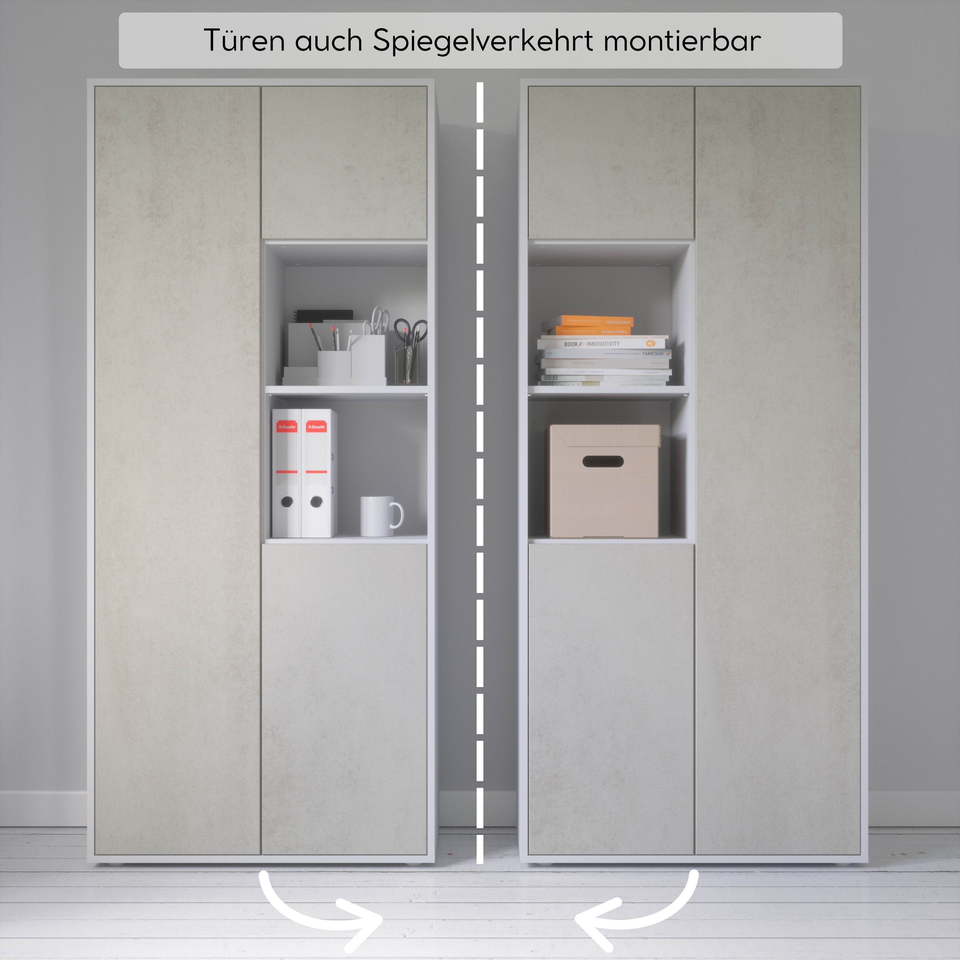 Büroschrank Amira T20 | mit 2 offenen Fächern | Aktenschrank & Mehrzweckschrank in Korpus Weiß & Front Beton Oxid | Push-to-Open | 180x80x40 cm