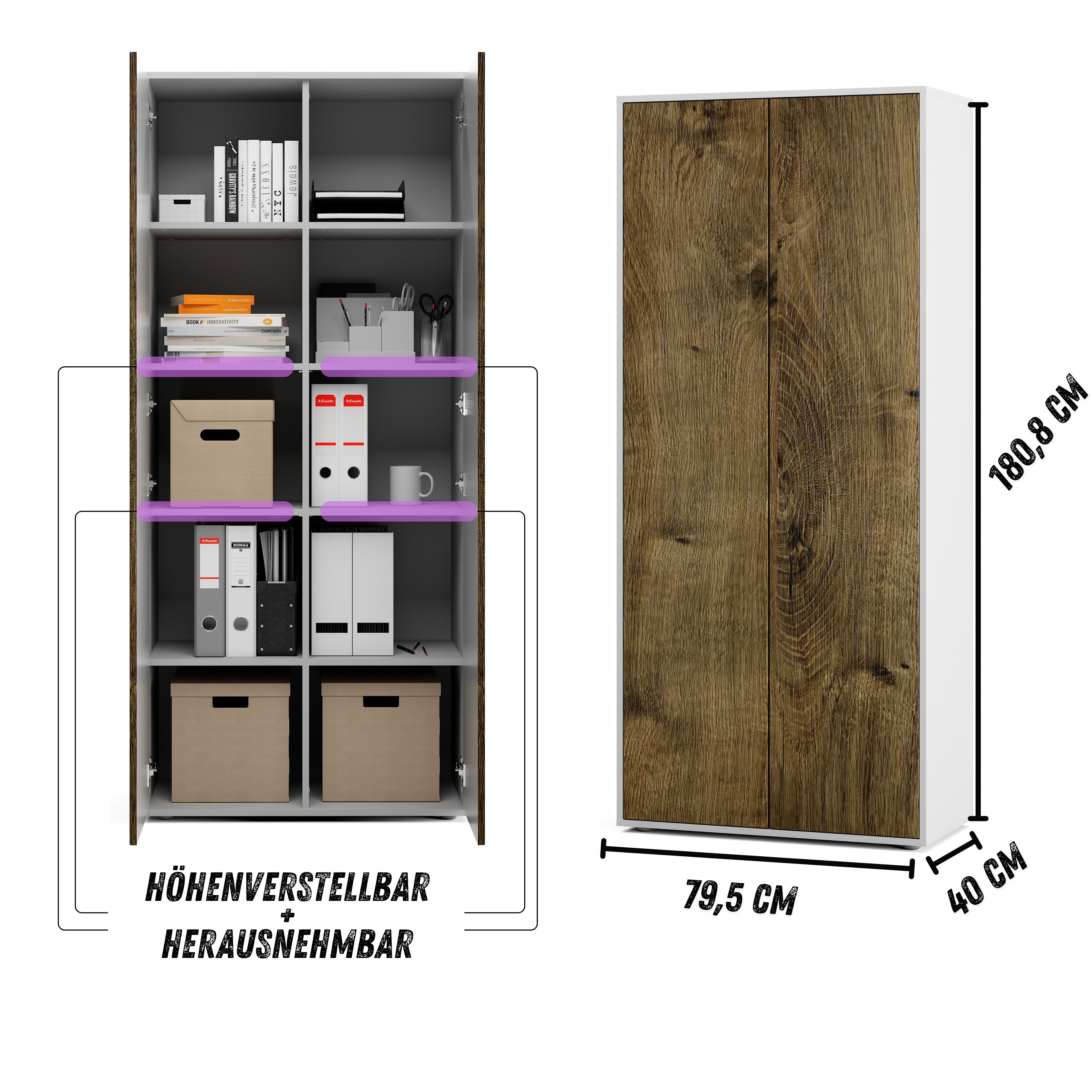 Büroschrank Amira T00 | Aktenschrank & Mehrzweckschrank in Weiß & Eiche Ribbeck | 180x80x40 cm | Push-to-Open für Büro