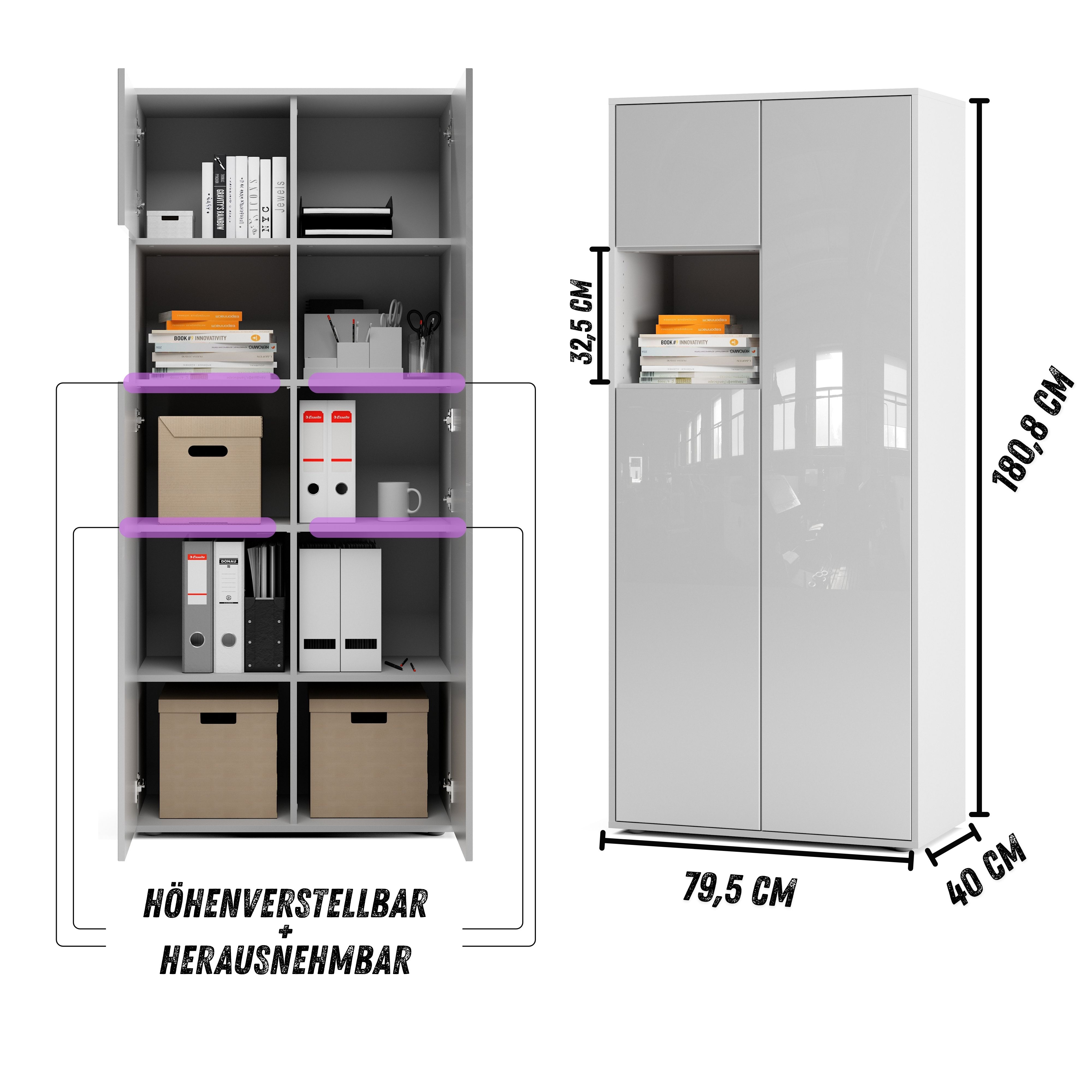 Büroschrank Amira T10 | Aktenschrank & Mehrzweckschrank mit offenem Fach | Weiß & Weiß Hochglanz | Push-to-Open | 180x80x40 cm | Modern für Büro & Homeoffice