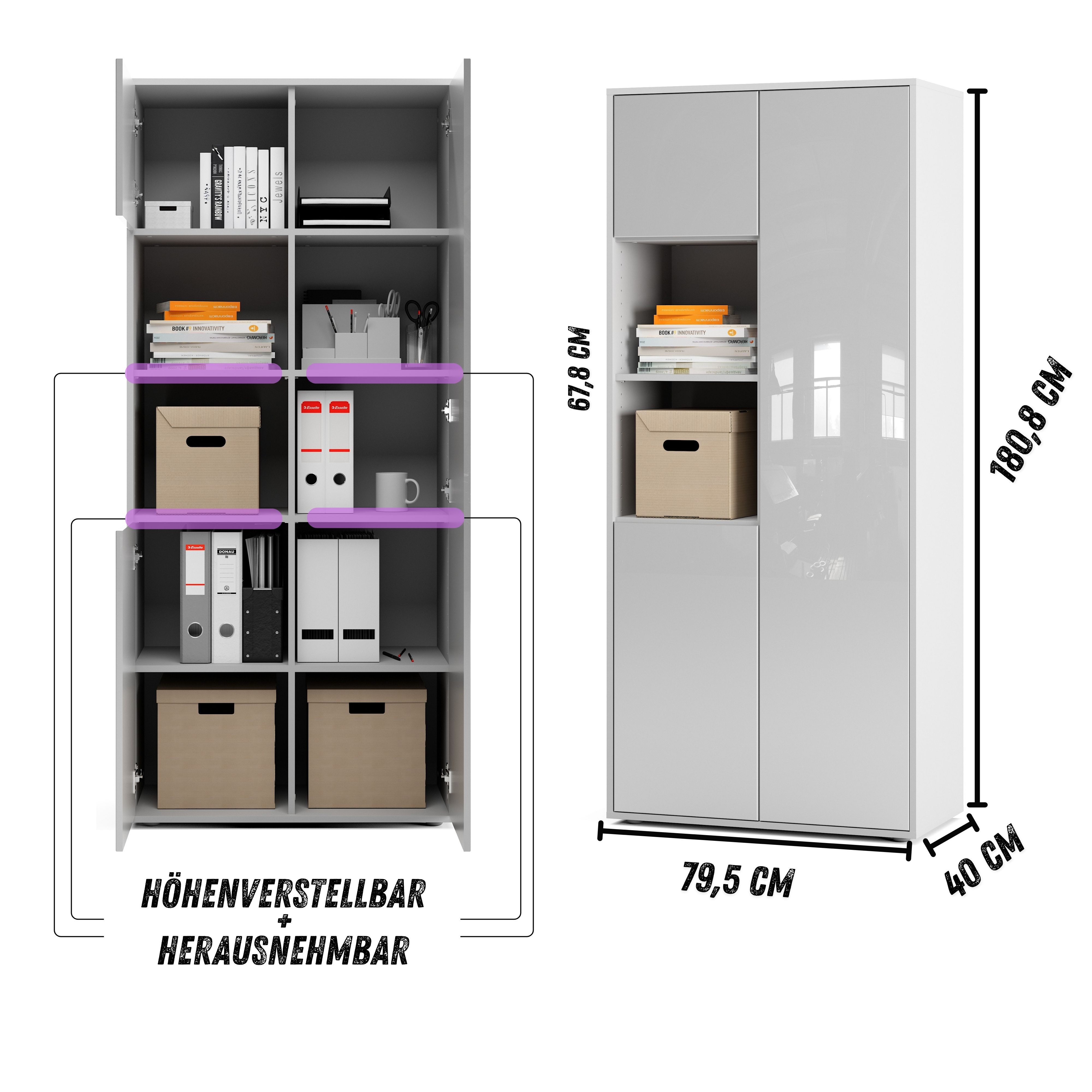 Büroschrank Amira T20 | mit 2 offenen Fächern | Aktenschrank & Mehrzweckschrank in Korpus Weiß & Front Weiß Hochglanz | Push-to-Open | 180x80x40 cm