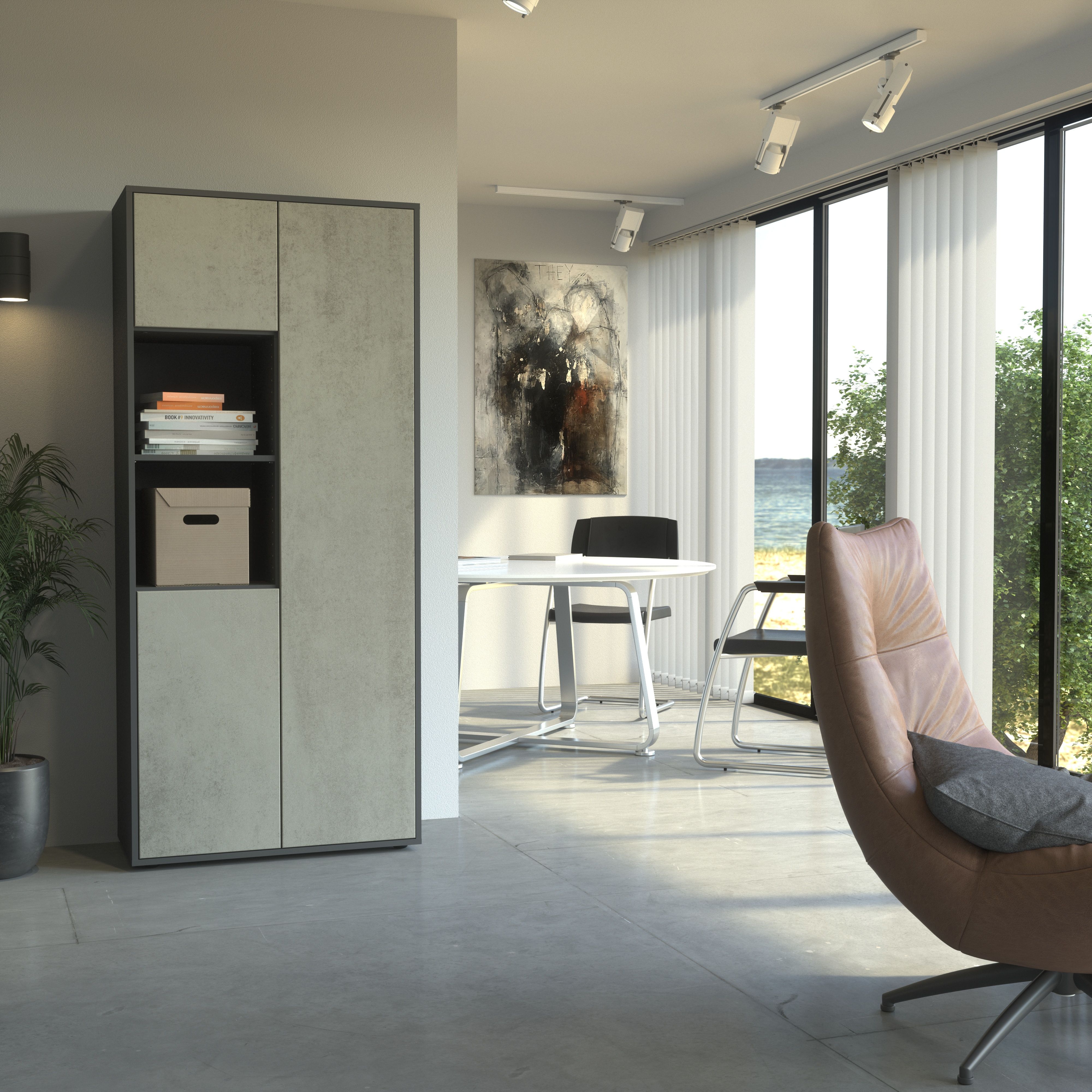 Büroschrank Amira T20, Schrank mit Zwei offenen Fächern, Anthrazit Korpus, Fronten in Beton Oxid , Push-to-Open, 180x80x40 cm, Büroschrank für Büro und Homeoffice