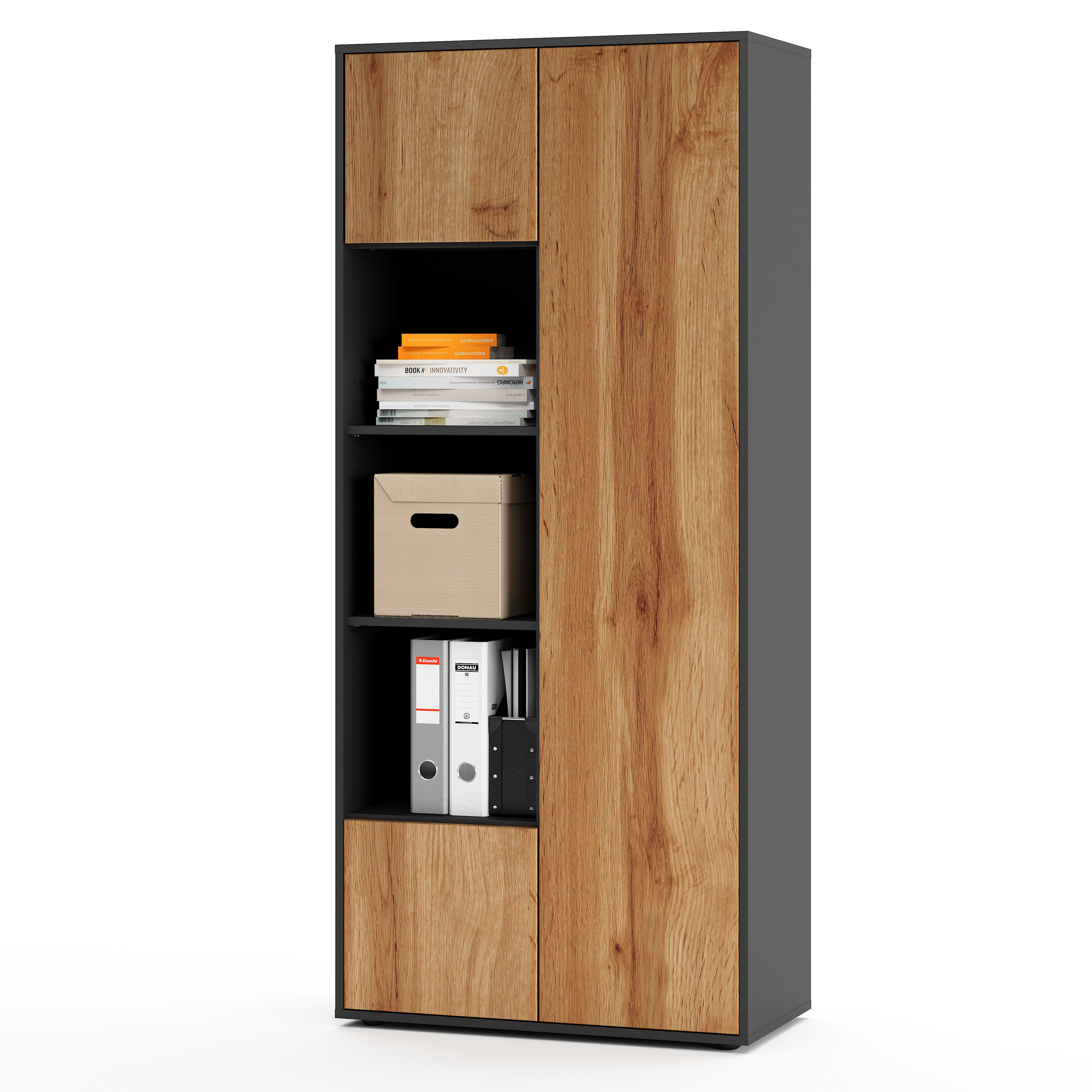 Büroschrank Amira T30, Schrank mit DREI offenen Fächern, Anthrazit Korpus, Fronten in Eiche Wotan, Push-to-Open, 180x80x40 cm, Moderner Schrank für Büro und Homeoffice