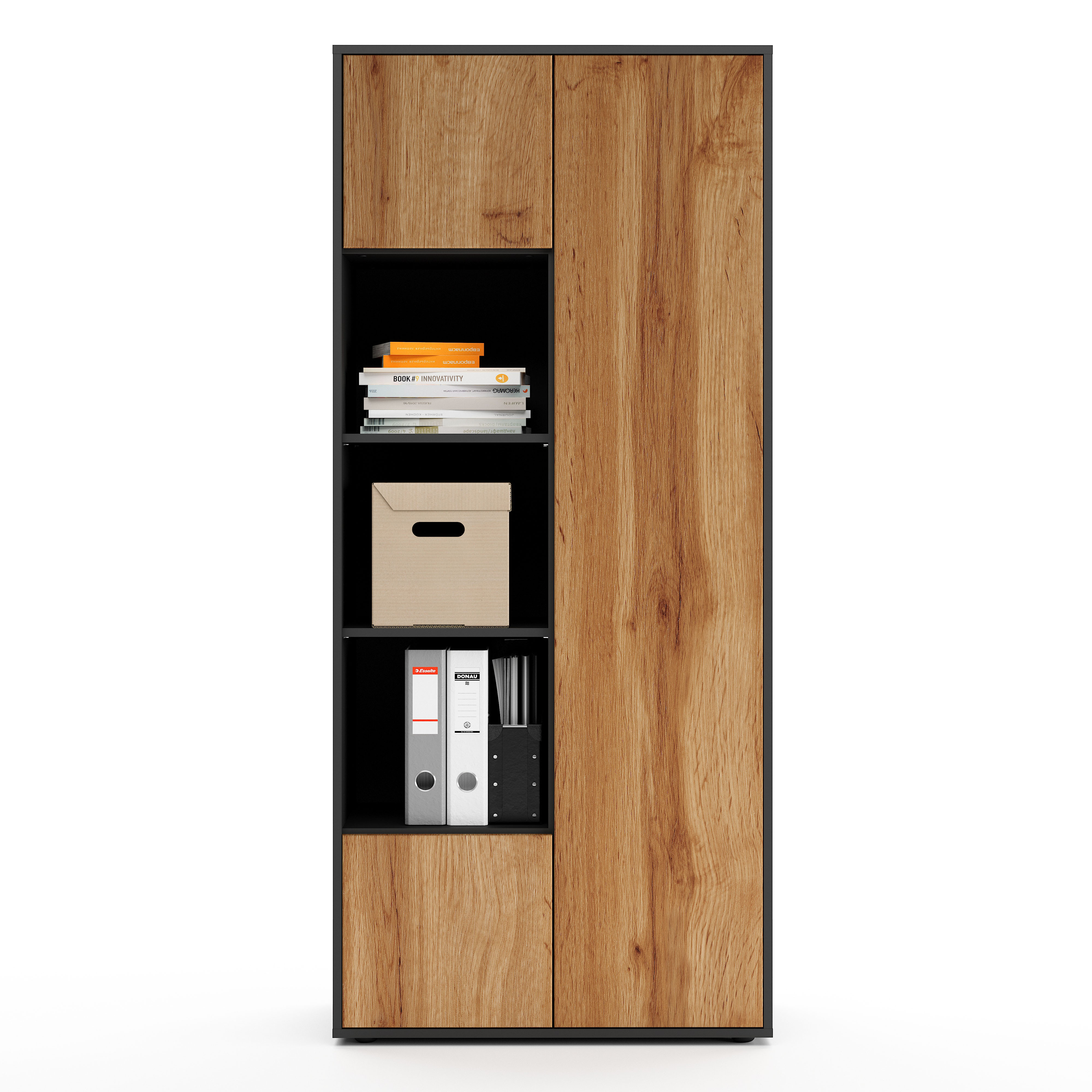 Büroschrank Amira T30, Schrank mit DREI offenen Fächern, Anthrazit Korpus, Fronten in Eiche Wotan, Push-to-Open, 180x80x40 cm, Moderner Schrank für Büro und Homeoffice