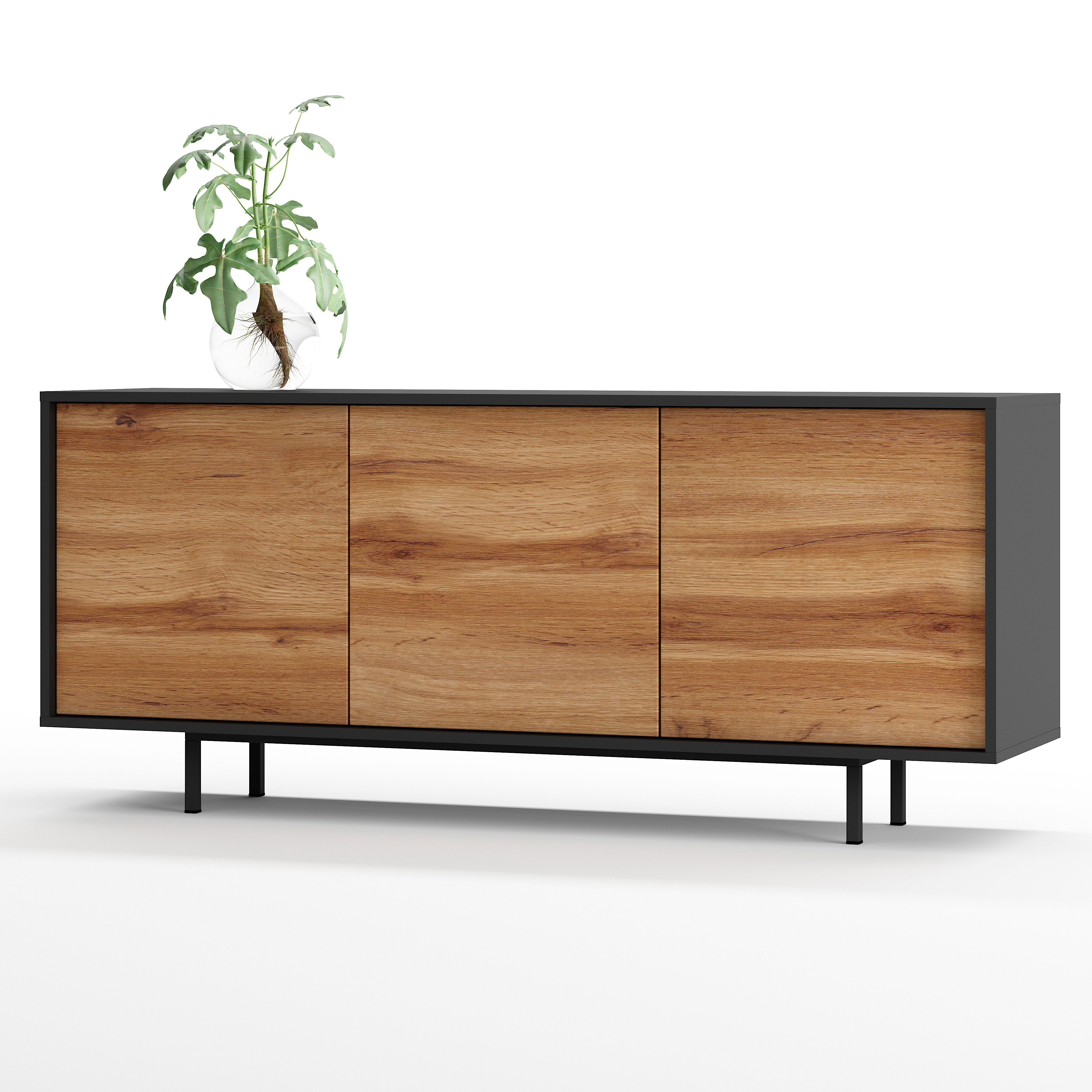 Sideboard Akia Kommode für Wohnzimmer oder Flur in Anthrazit mit Eiche Wotan Türen, 154x40x66 cm, Metallfüße, Push-to-Open, modernes Lowboard mit verstellbaren Einlegeböden | Eiche Wotan