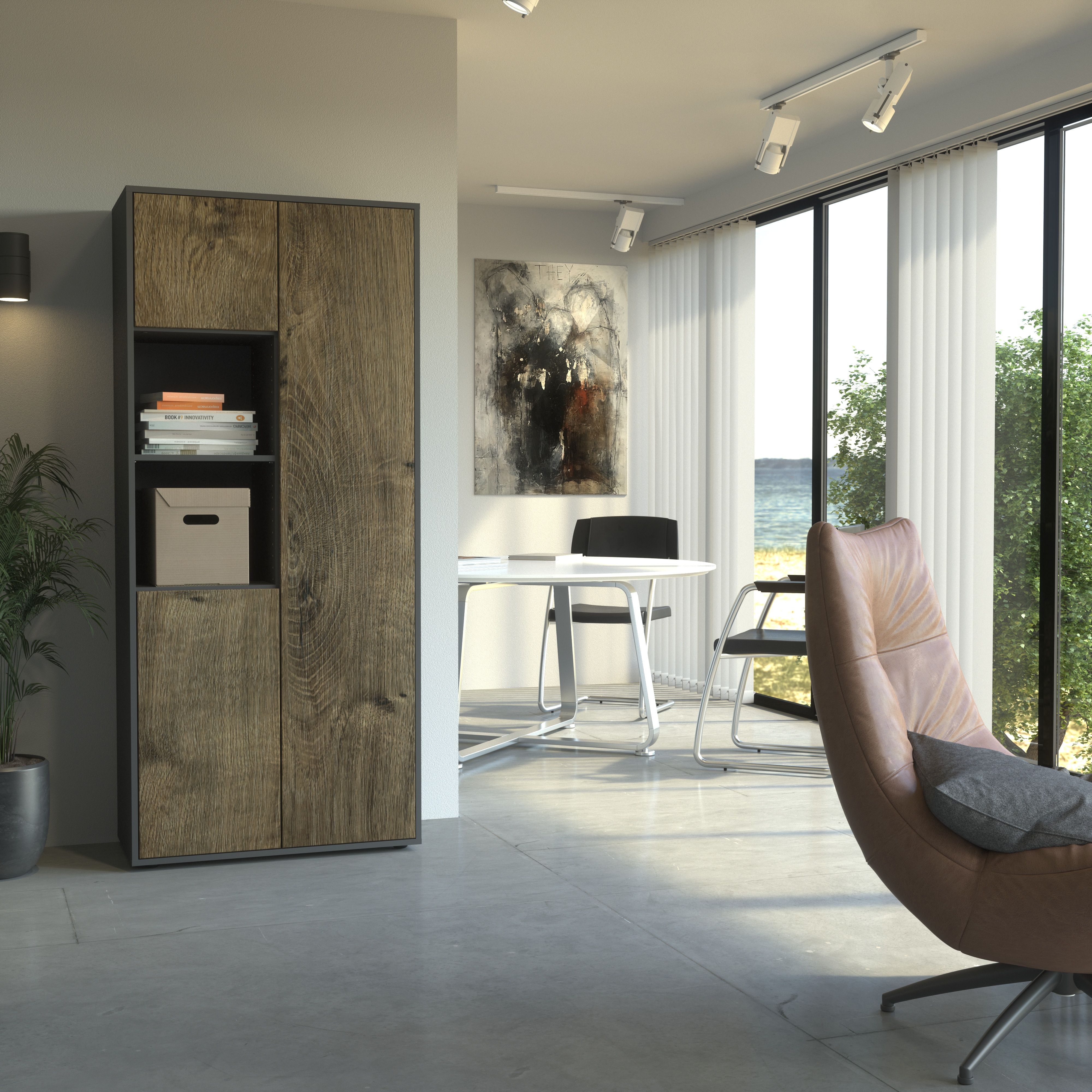 Büroschrank Amira T20, Schrank mit Zwei offenen Fächern, Anthrazit Korpus, Fronten in Eiche Ribbeck , Push-to-Open, 180x80x40 cm, Büroschrank für Büro und Homeoffice
