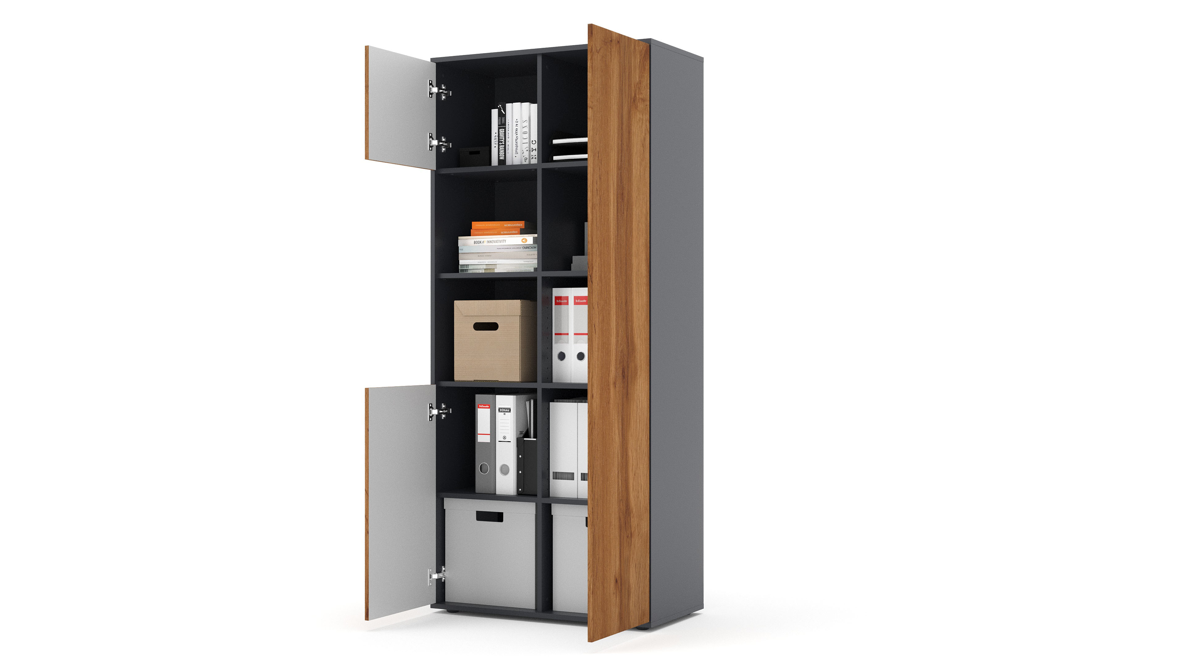 Büroschrank Amira T20, Schrank mit Zwei offenen Fächern, Anthrazit Korpus, Fronten in Eiche Wotan , Push-to-Open, 180x80x40 cm, Büroschrank für Büro und Homeoffice