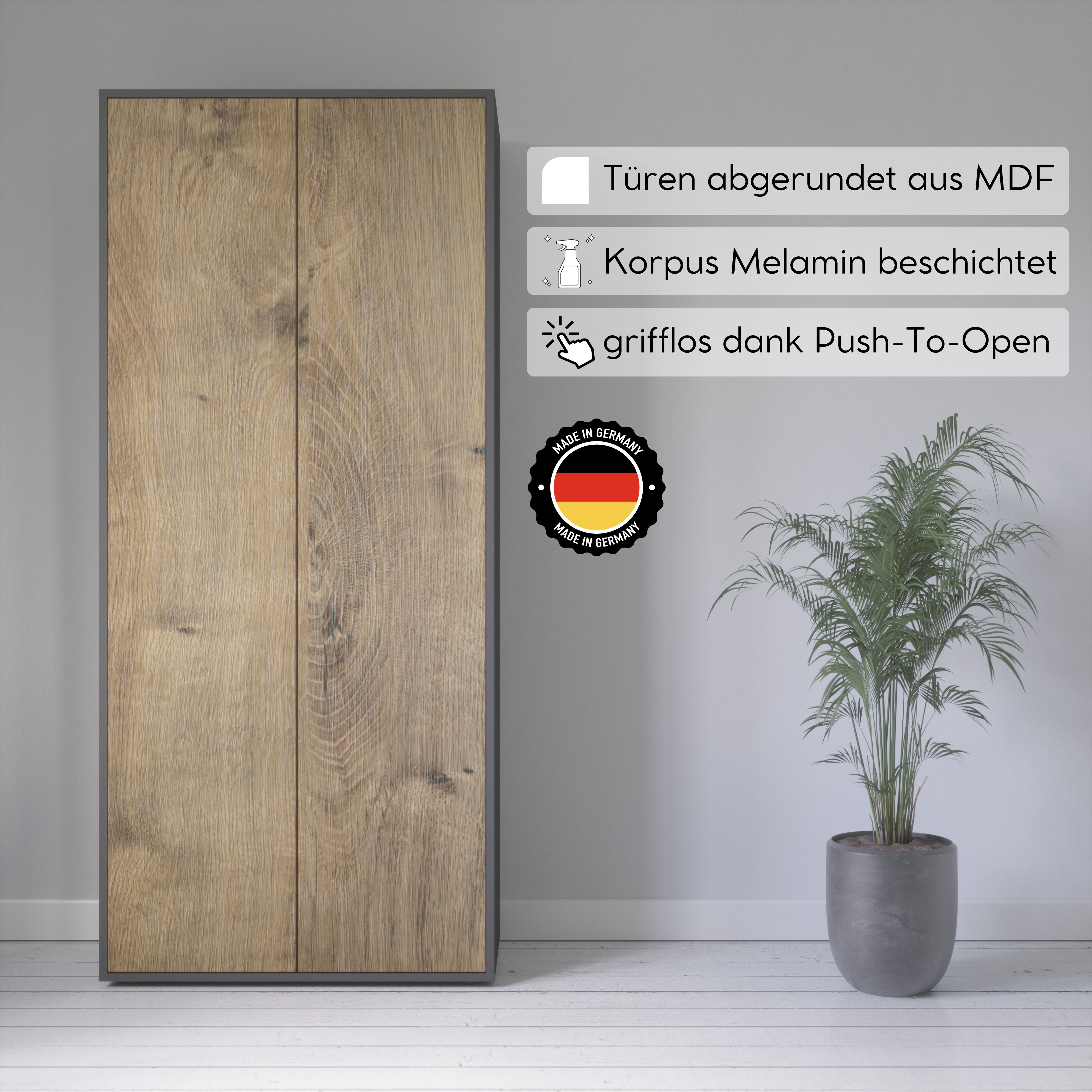 Büroschrank Amira T00, geschlossener Schrank mit 2 großen Türen, Anthrazit Korpus, Fronten in Eiche Ribbeck, Push-to-Open, 180x80x40 cm, Aktenregal für Büro und Homeoffice