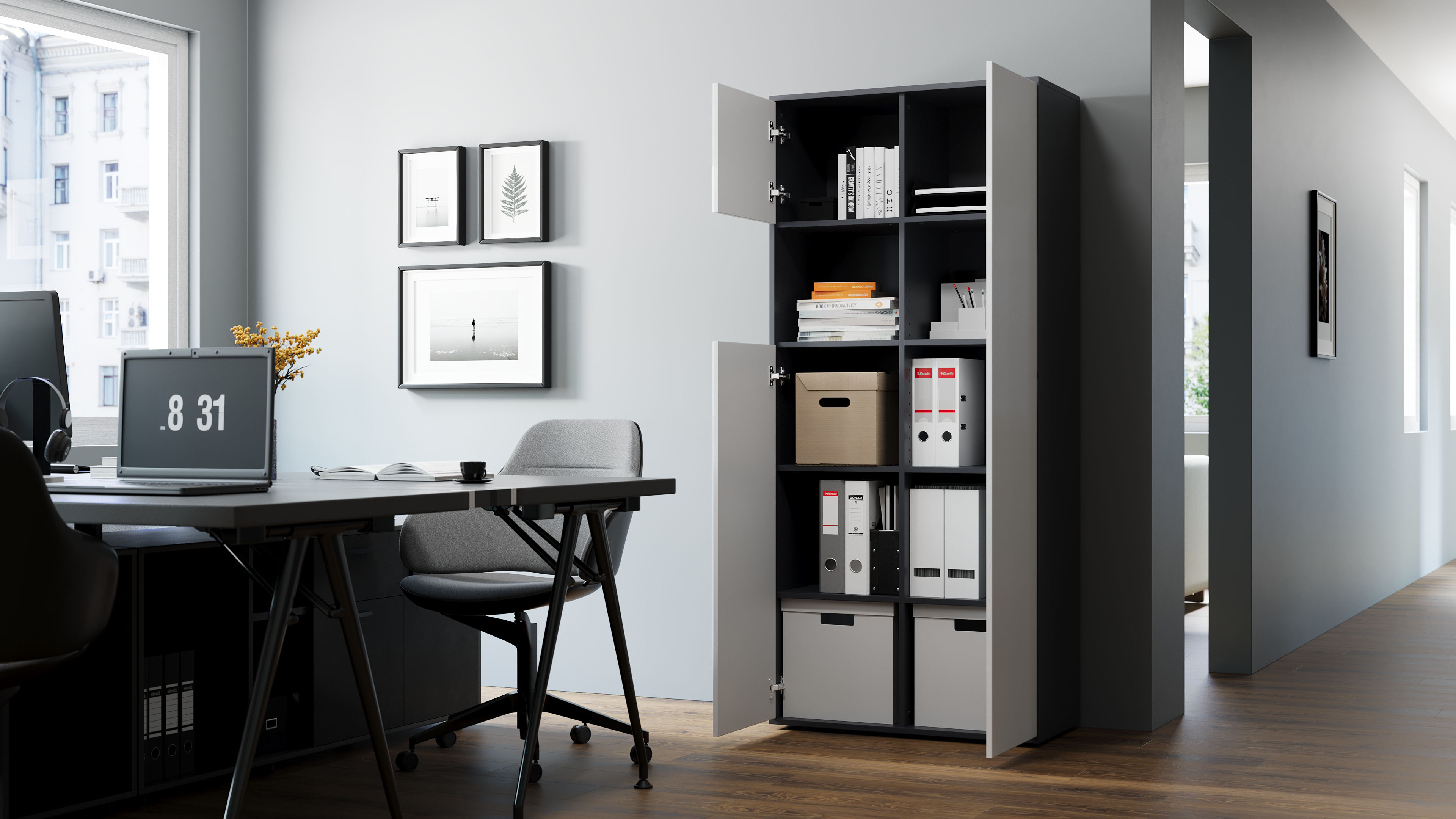 Büroschrank Amira T10, Schrank mit kleinem offenem Fach, Anthrazit Korpus, Fronten in Weiß Hochglanz , Push-to-Open, 180x80x40 cm, Büroschrank mit Ablage für Deko