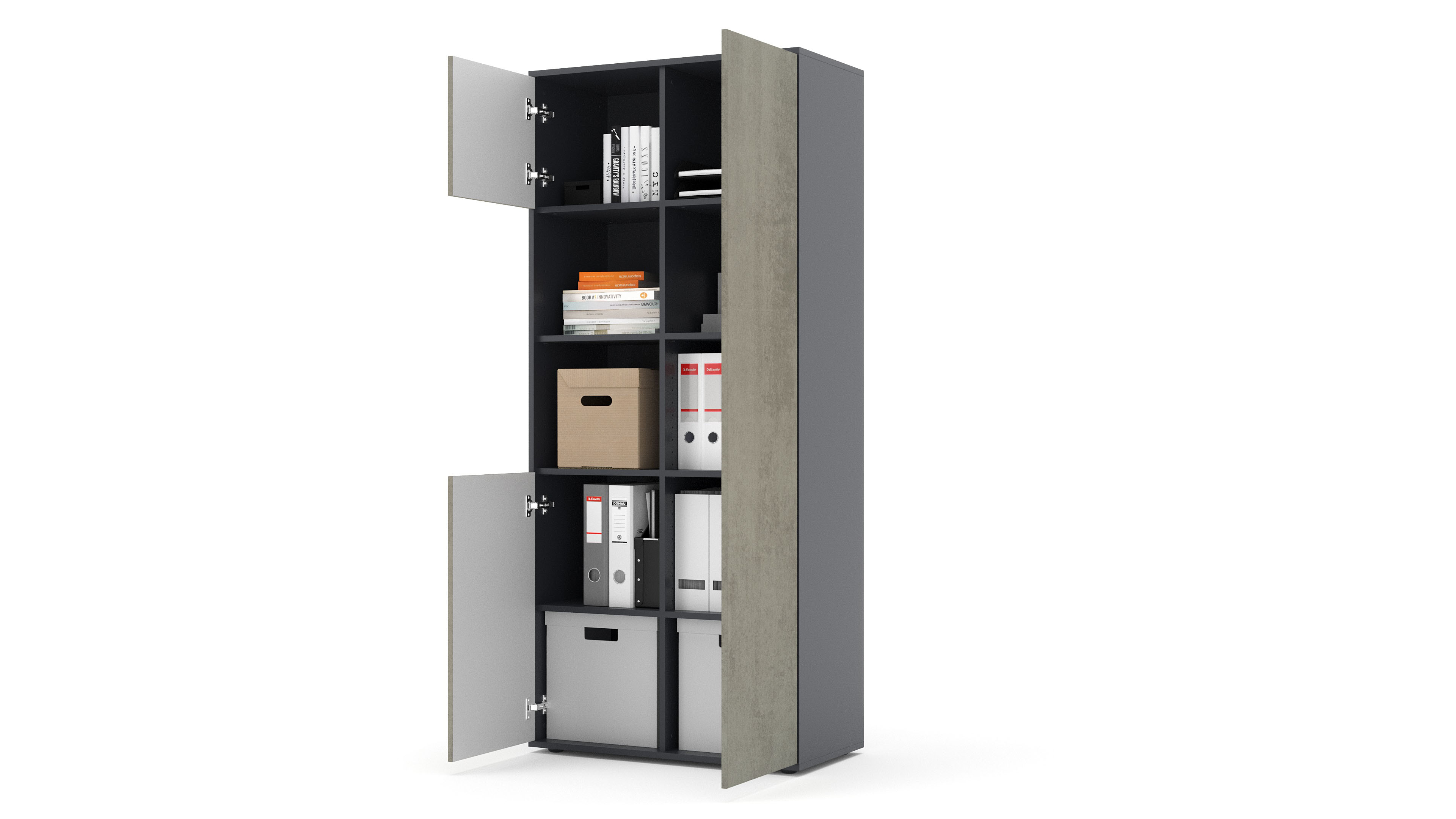 Büroschrank Amira T20, Schrank mit Zwei offenen Fächern, Anthrazit Korpus, Fronten in Beton Oxid , Push-to-Open, 180x80x40 cm, Büroschrank für Büro und Homeoffice