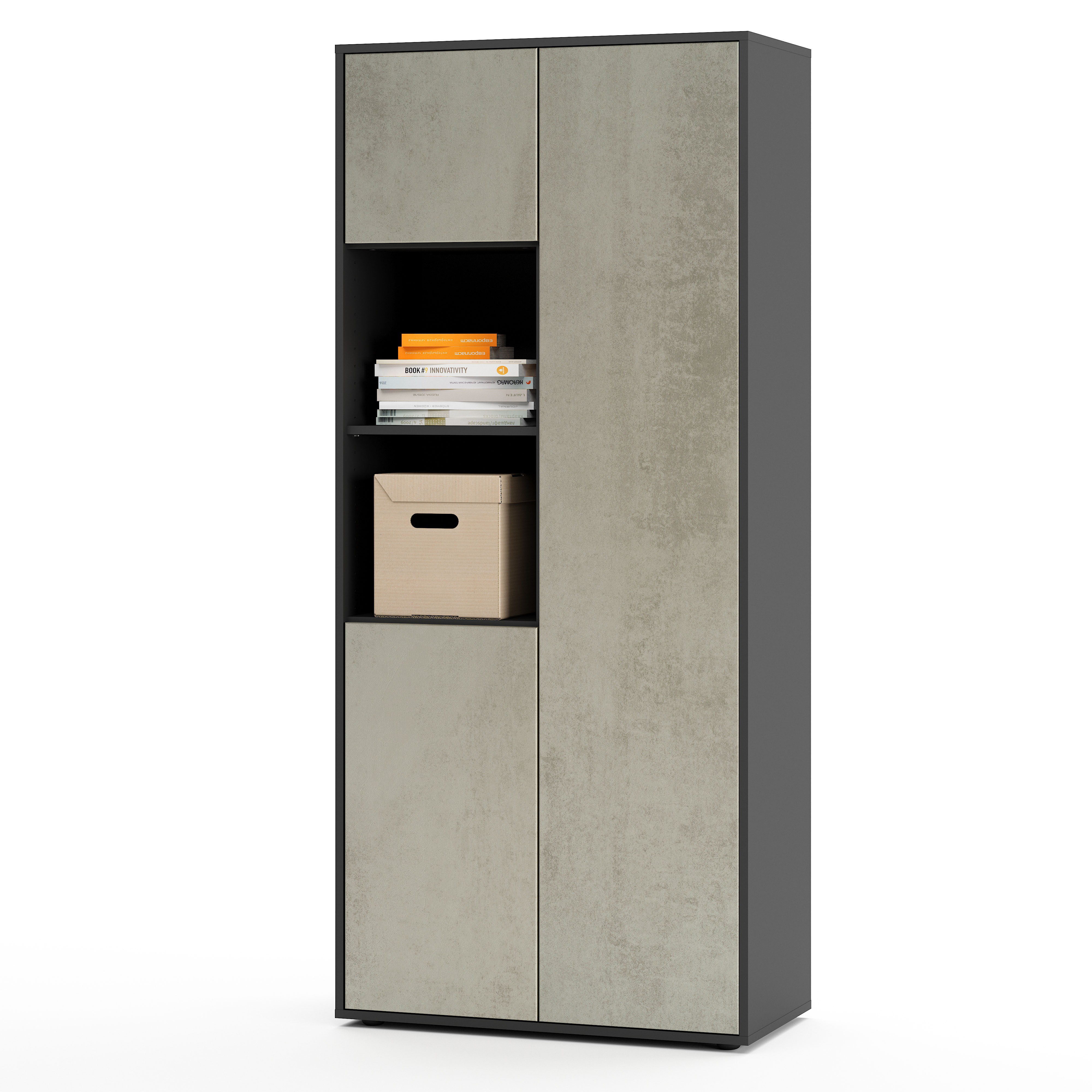 Büroschrank Amira T20, Schrank mit Zwei offenen Fächern, Anthrazit Korpus, Fronten in Beton Oxid , Push-to-Open, 180x80x40 cm, Büroschrank für Büro und Homeoffice