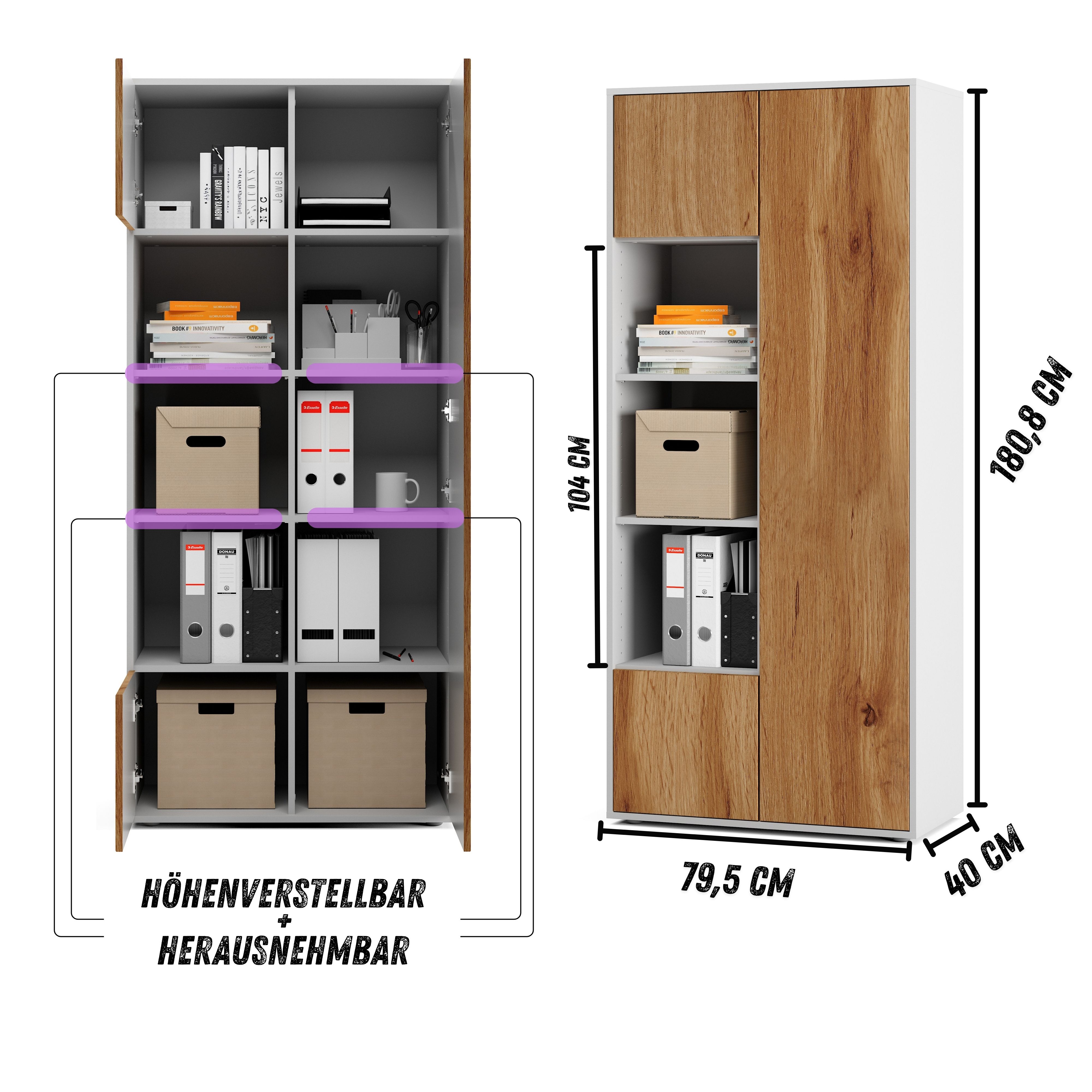Büroschrank Amira T30 | Aktenschrank & Mehrzweckschrank in Weiß & Eiche Wotan | 3 offene Fächer | Push-to-Open | 181x80x40 cm | für Homeoffice & Büro