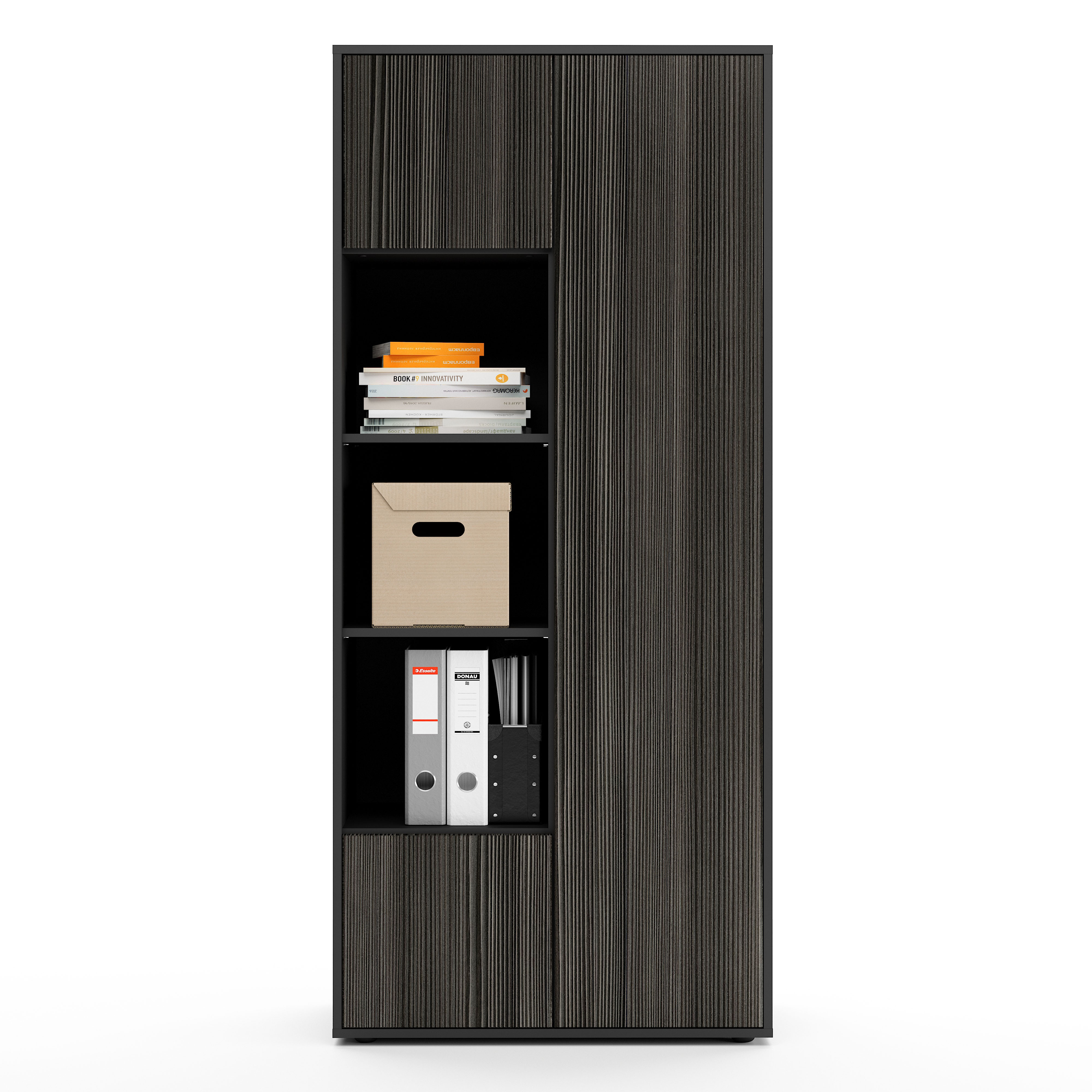 Büroschrank Amira T30, Schrank mit DREI offenen Fächern, Anthrazit Korpus, Fronten in, Push-to-Open, 180x80x40 cm, Moderner Schrank für Büro und Homeoffice