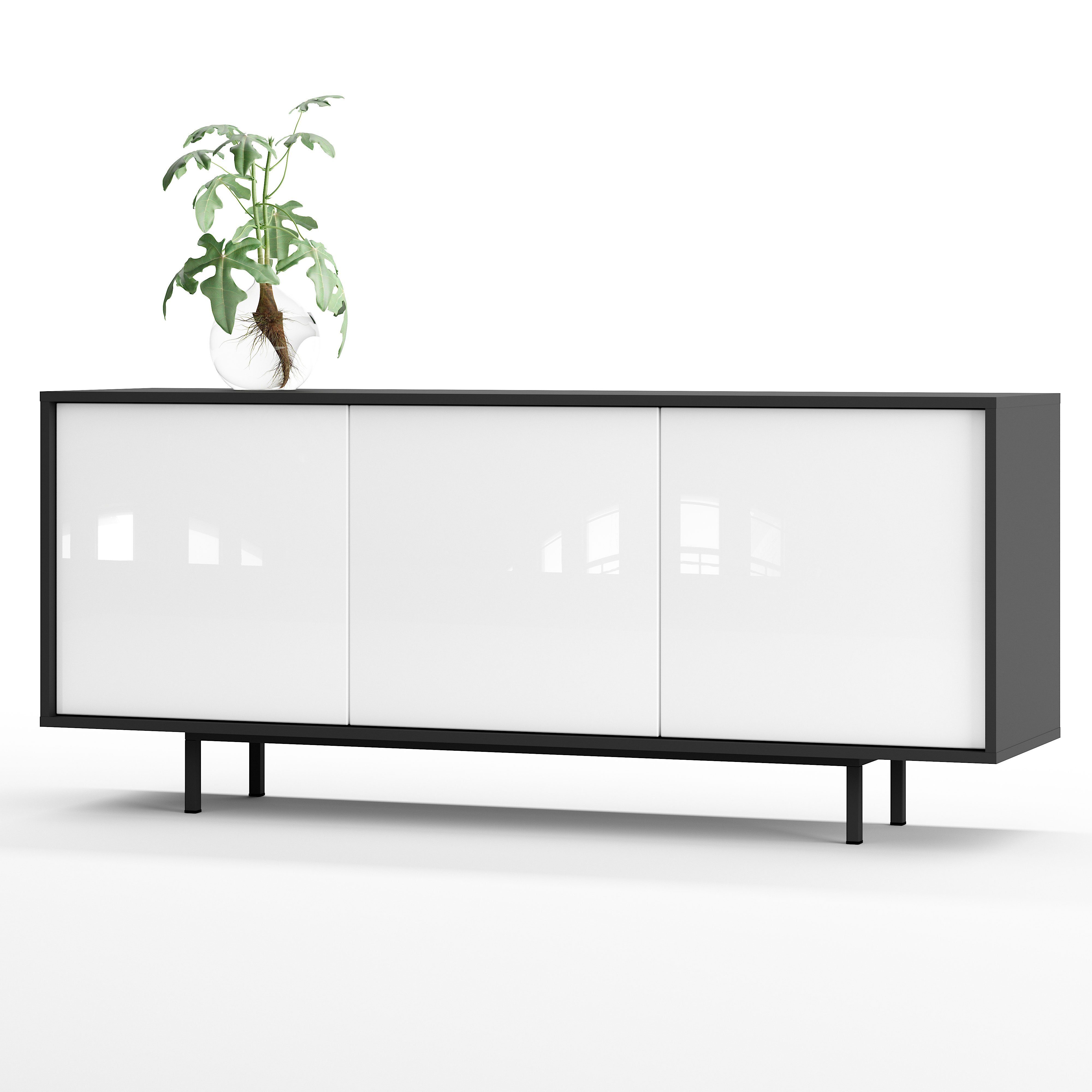 Sideboard Akia Kommode für Wohnzimmer oder Flur in Anthrazit mit Weiß Hochglanz Türen, 154x40x66 cm, Metallfüße, Push-to-Open, modernes Lowboard mit verstellbaren Einlegeböden