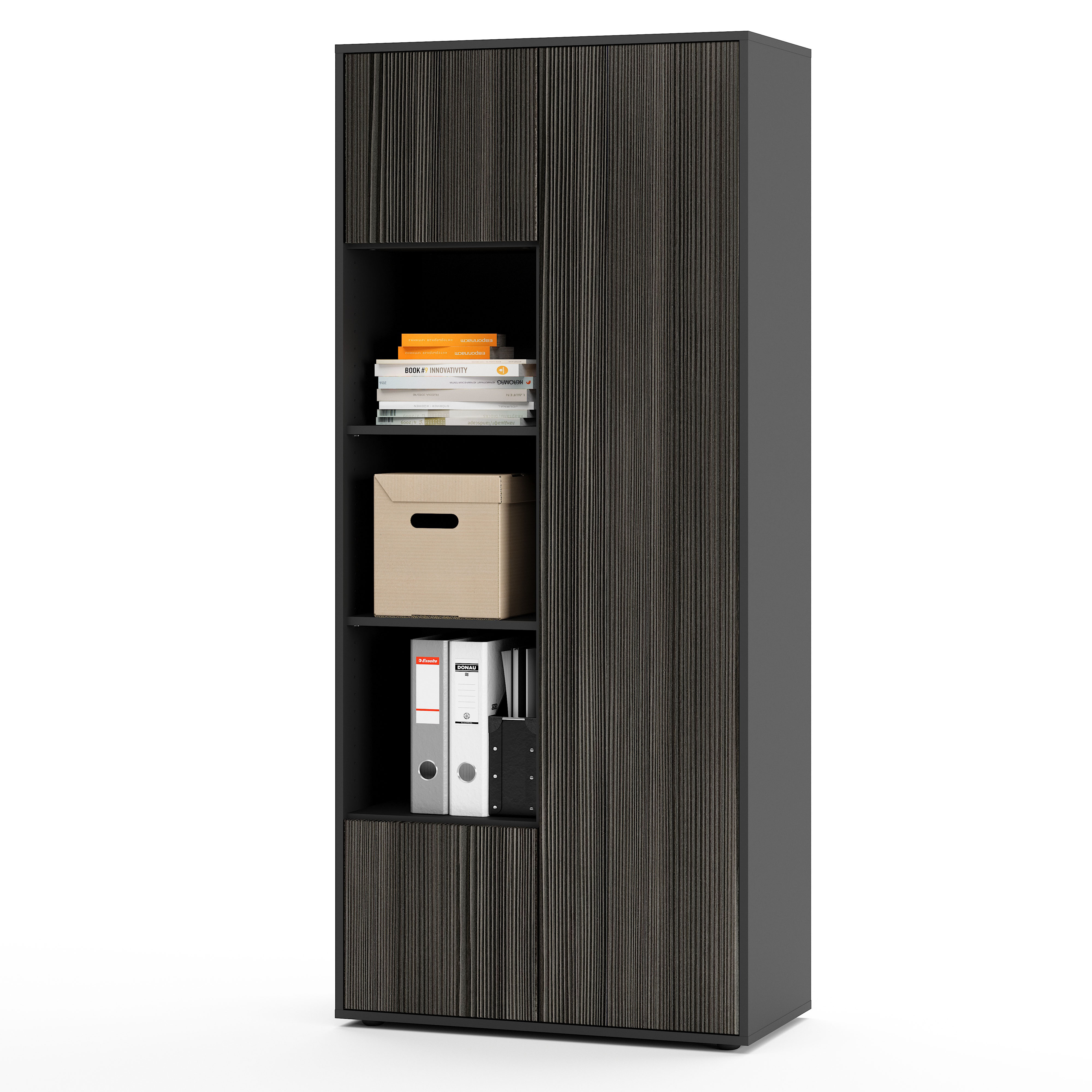 Büroschrank Amira T30, Schrank mit DREI offenen Fächern, Anthrazit Korpus, Fronten in, Push-to-Open, 180x80x40 cm, Moderner Schrank für Büro und Homeoffice