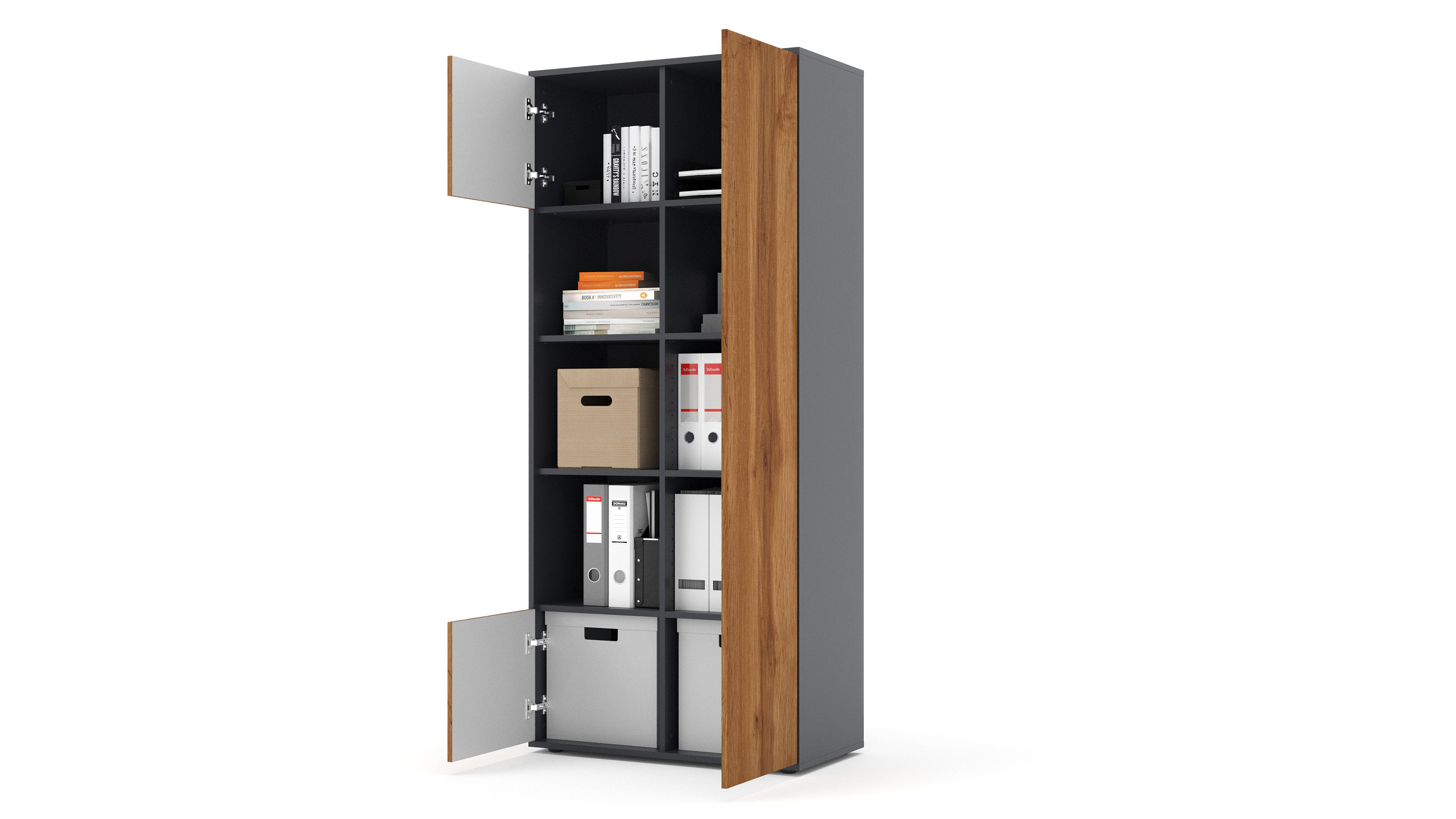 Büroschrank Amira T30, Schrank mit DREI offenen Fächern, Anthrazit Korpus, Fronten in Eiche Wotan, Push-to-Open, 180x80x40 cm, Moderner Schrank für Büro und Homeoffice