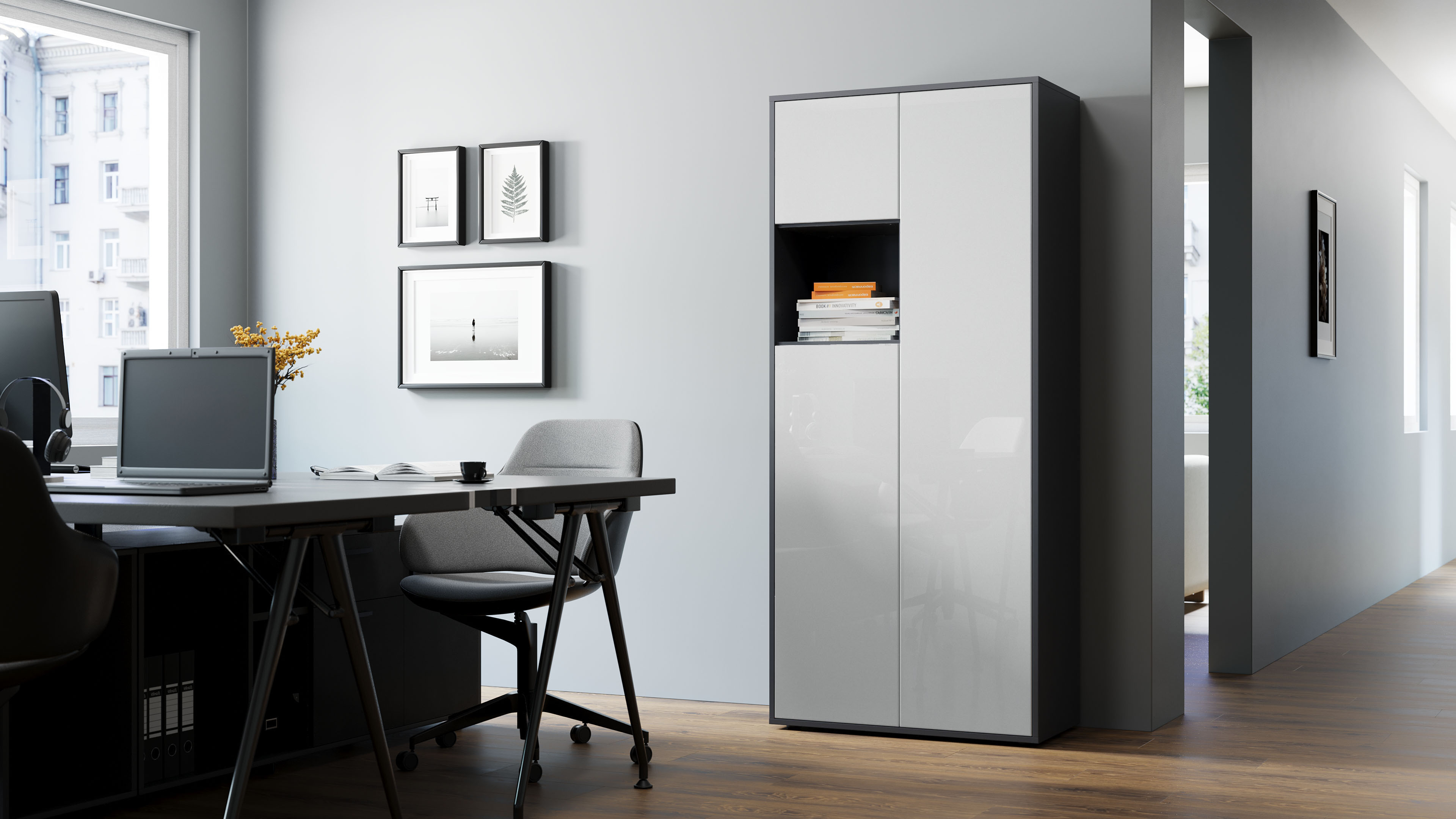 Büroschrank Amira T10, Schrank mit kleinem offenem Fach, Anthrazit Korpus, Fronten in Weiß Hochglanz , Push-to-Open, 180x80x40 cm, Büroschrank mit Ablage für Deko