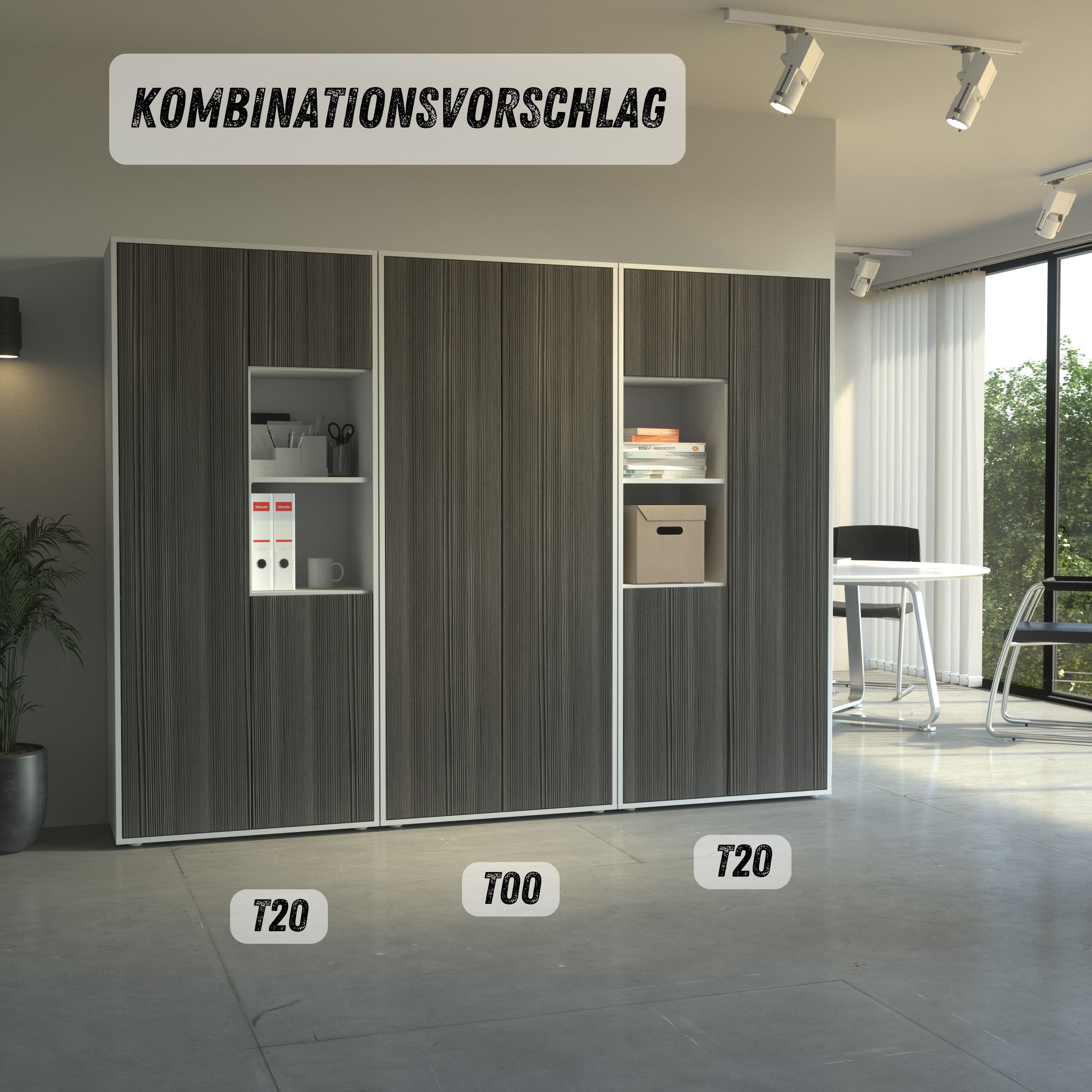Büroschrank Amira T20 | mit 2 offenen Fächern | Aktenschrank & Mehrzweckschrank in Korpus Weiß & Front Avola Anthrazit | Push-to-Open | 180x80x40 cm
