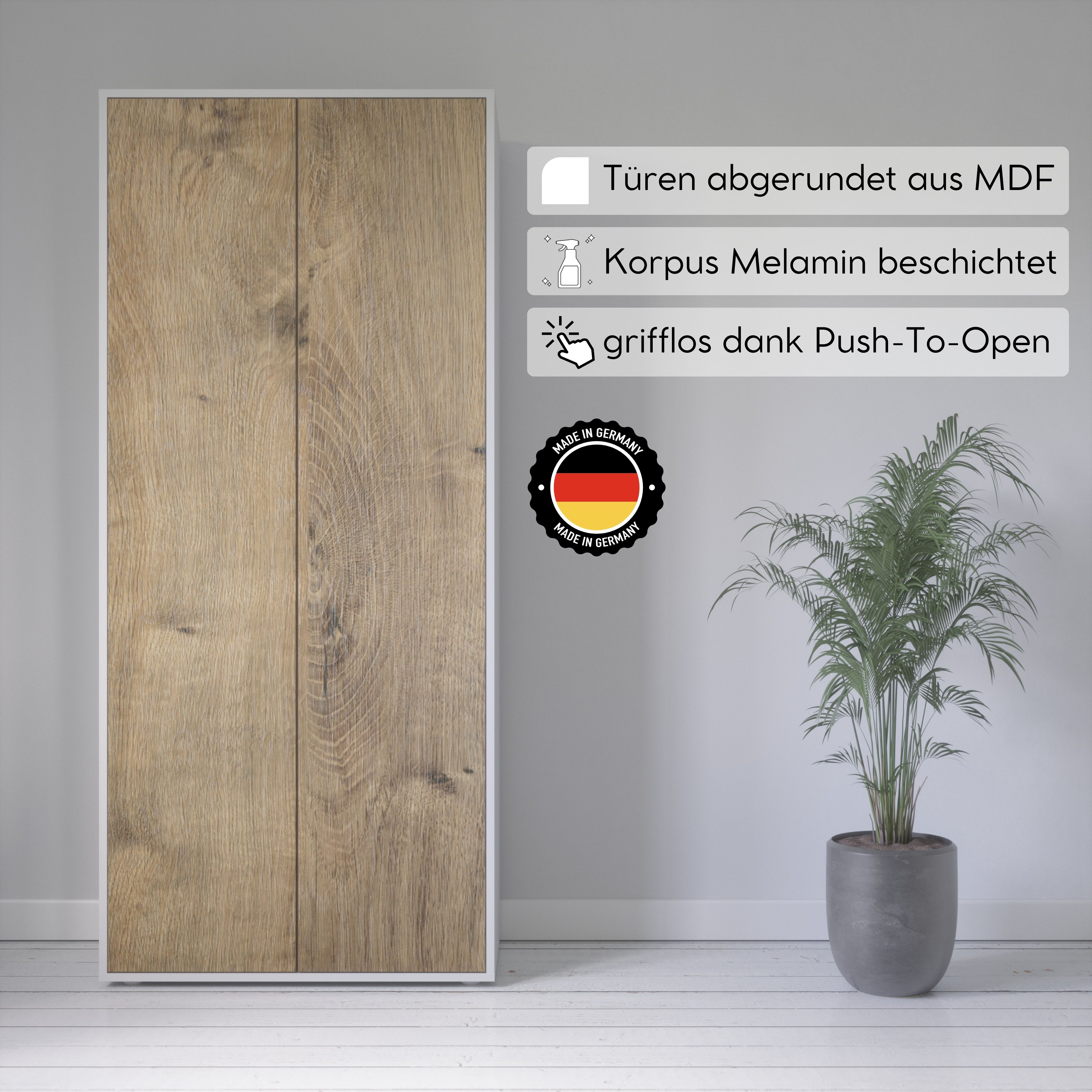 Büroschrank Amira T00 | Aktenschrank & Mehrzweckschrank in Weiß & Eiche Ribbeck | 180x80x40 cm | Push-to-Open für Büro