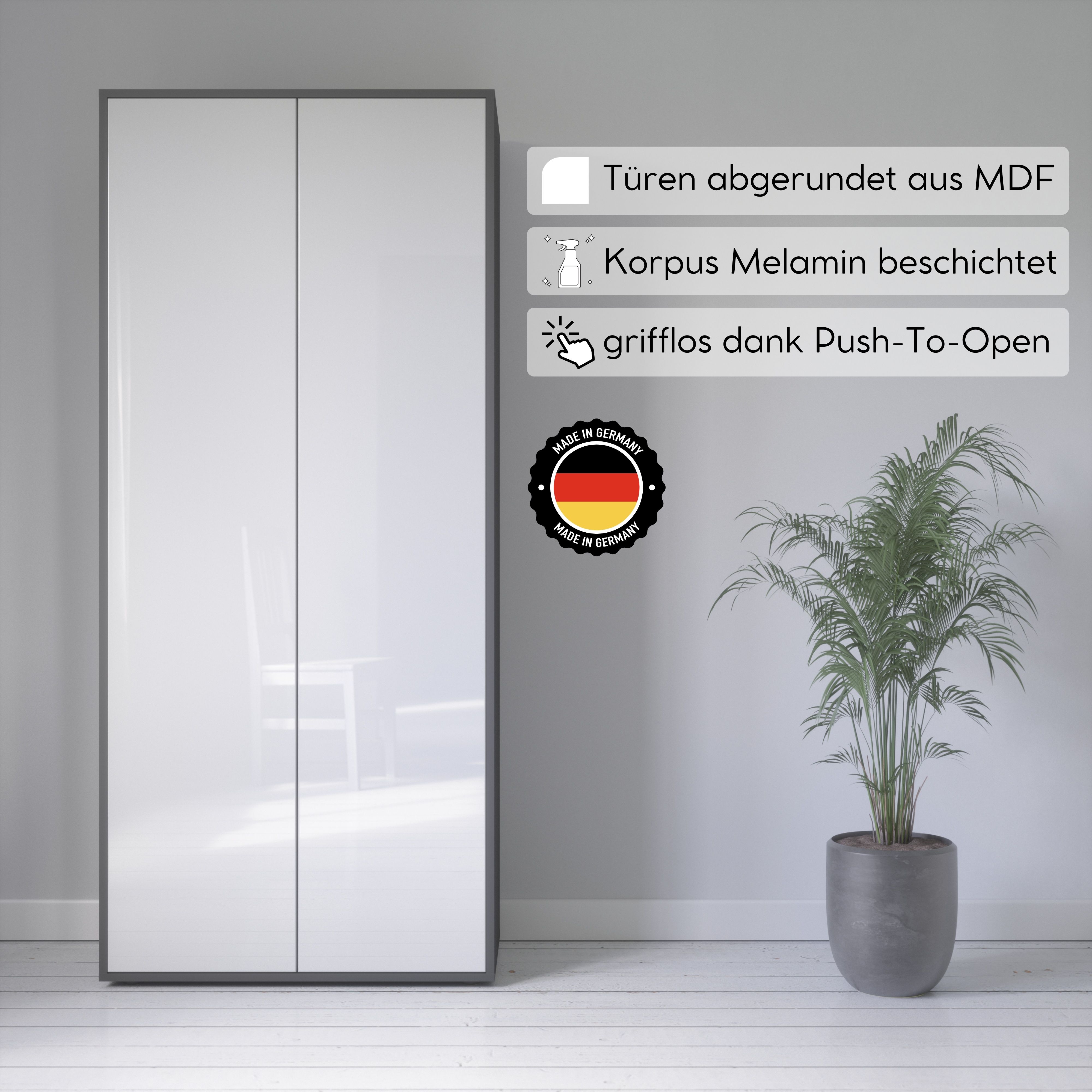 Büroschrank Amira T00, geschlossener Schrank mit 2 großen Türen, Anthrazit Korpus , Fronten in Weiß Hochglanz, Push-to-Open, 180x80x40 cm, Aktenregal für Büro und Homeoffice
