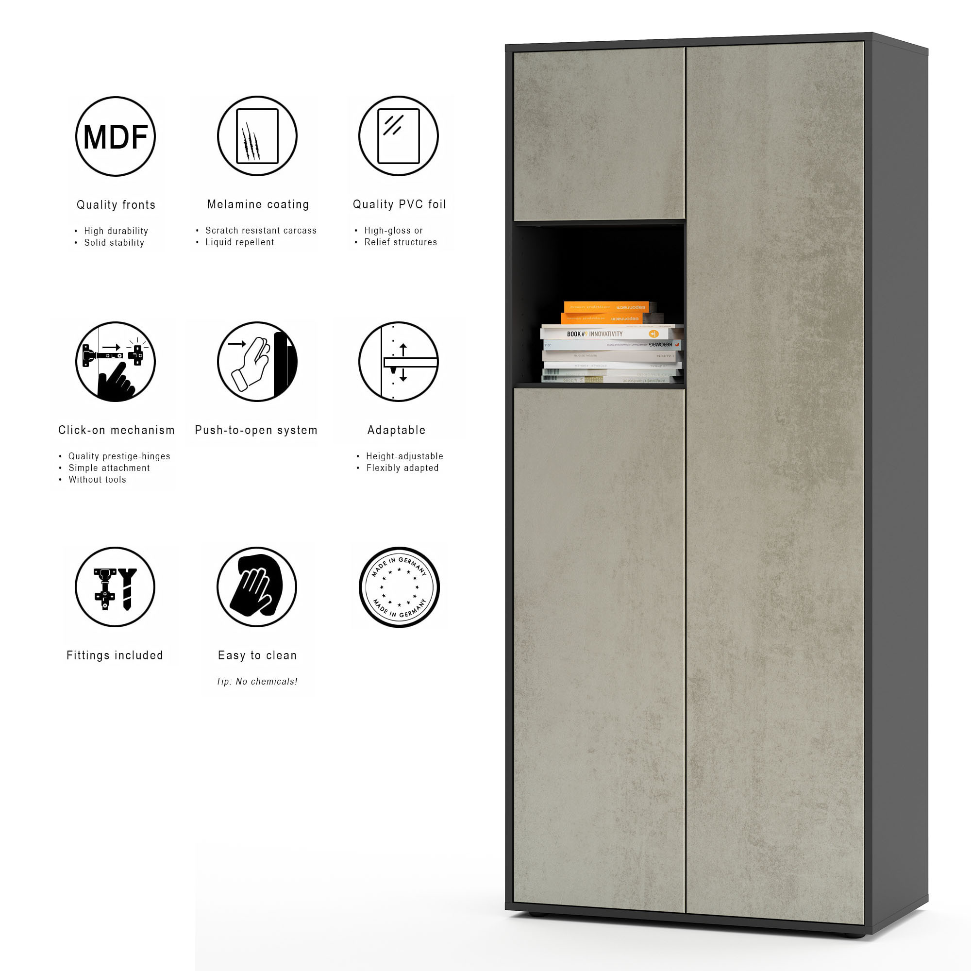 Büroschrank Amira T10, Schrank mit kleinem offenem Fach, Anthrazit , Push-to-Open, 180x80x40 cm, Büroschrank mit Ablage für Deko