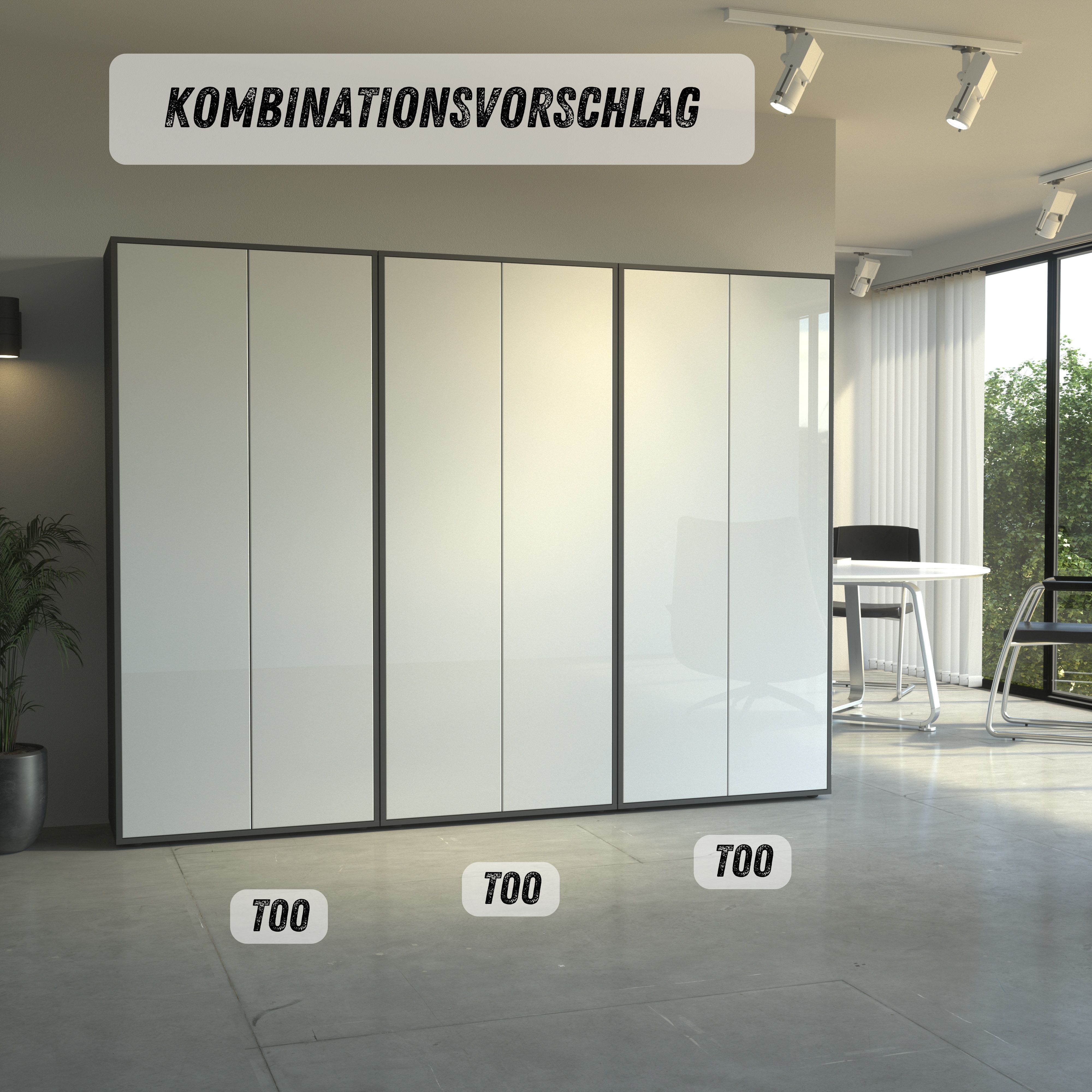 Büroschrank Amira T00, geschlossener Schrank mit 2 großen Türen, Anthrazit Korpus , Fronten in Weiß Hochglanz, Push-to-Open, 180x80x40 cm, Aktenregal für Büro und Homeoffice