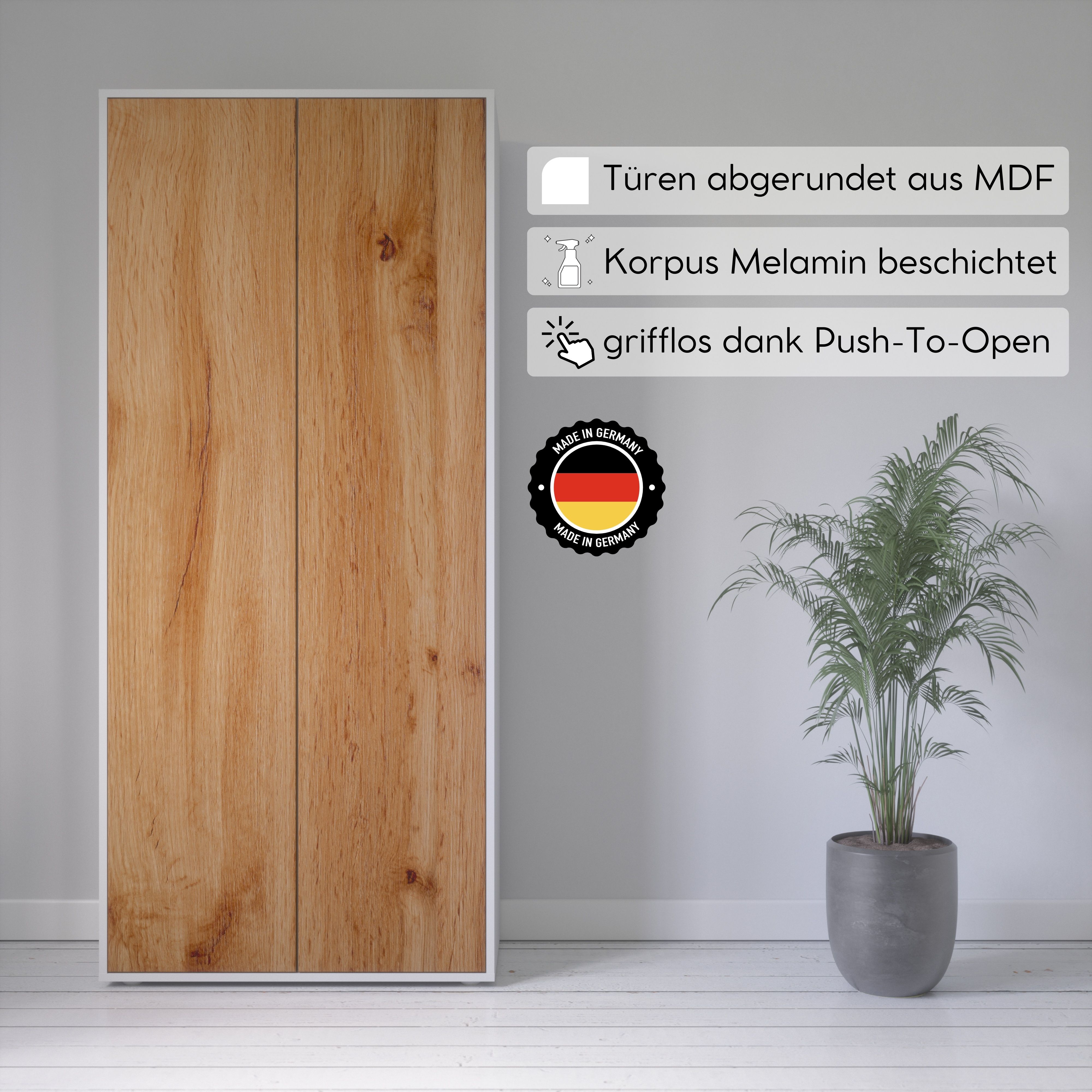 Büroschrank Amira T00 | Aktenschrank & Mehrzweckschrank in Weiß & Eiche Wotan | 180x80x40 cm | Push-to-Open für Büro