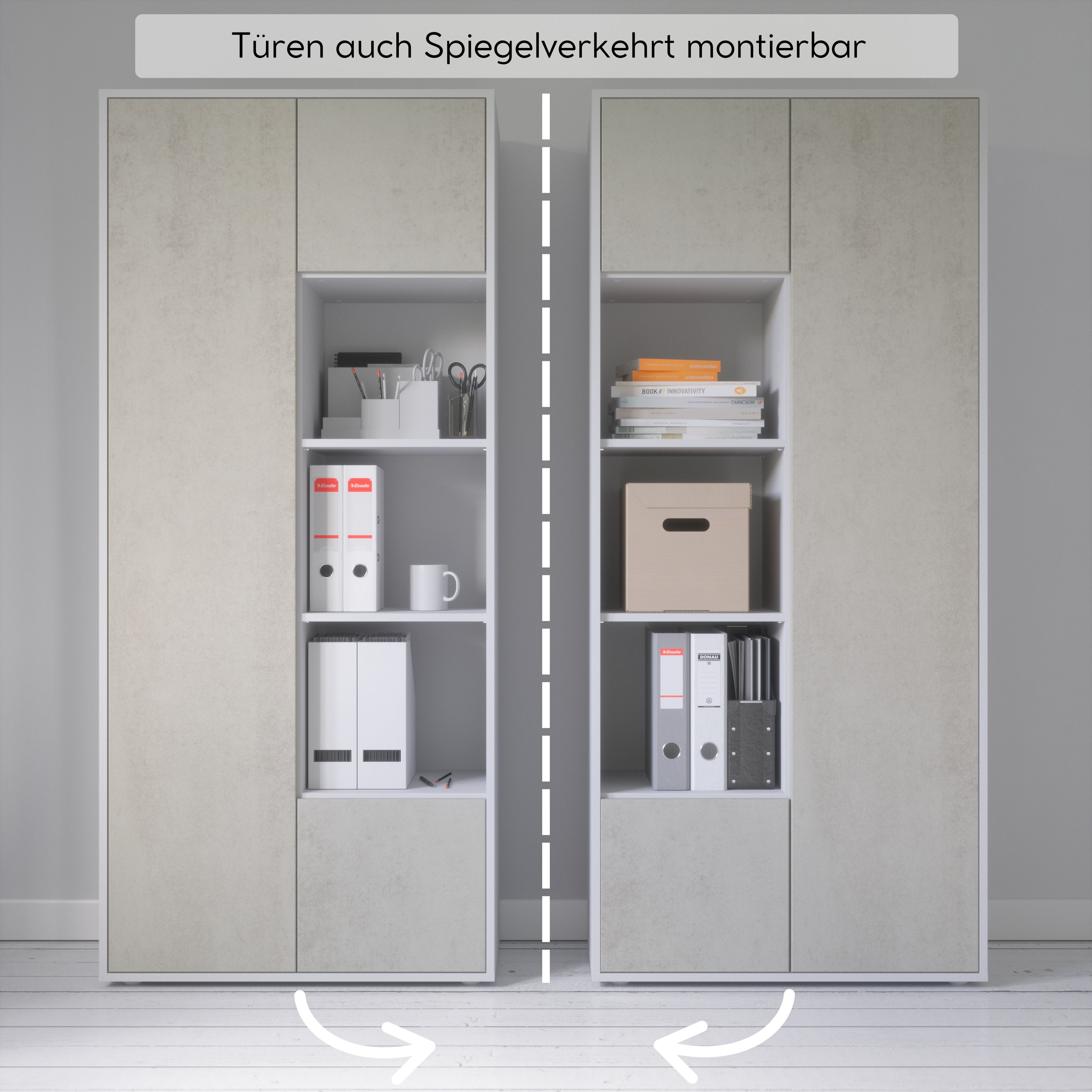 Büroschrank Amira T30 | Aktenschrank & Mehrzweckschrank in Weiß & Beton Oxid | 3 offene Fächer | Push-to-Open | 181x80x40 cm | für Homeoffice & Büro
