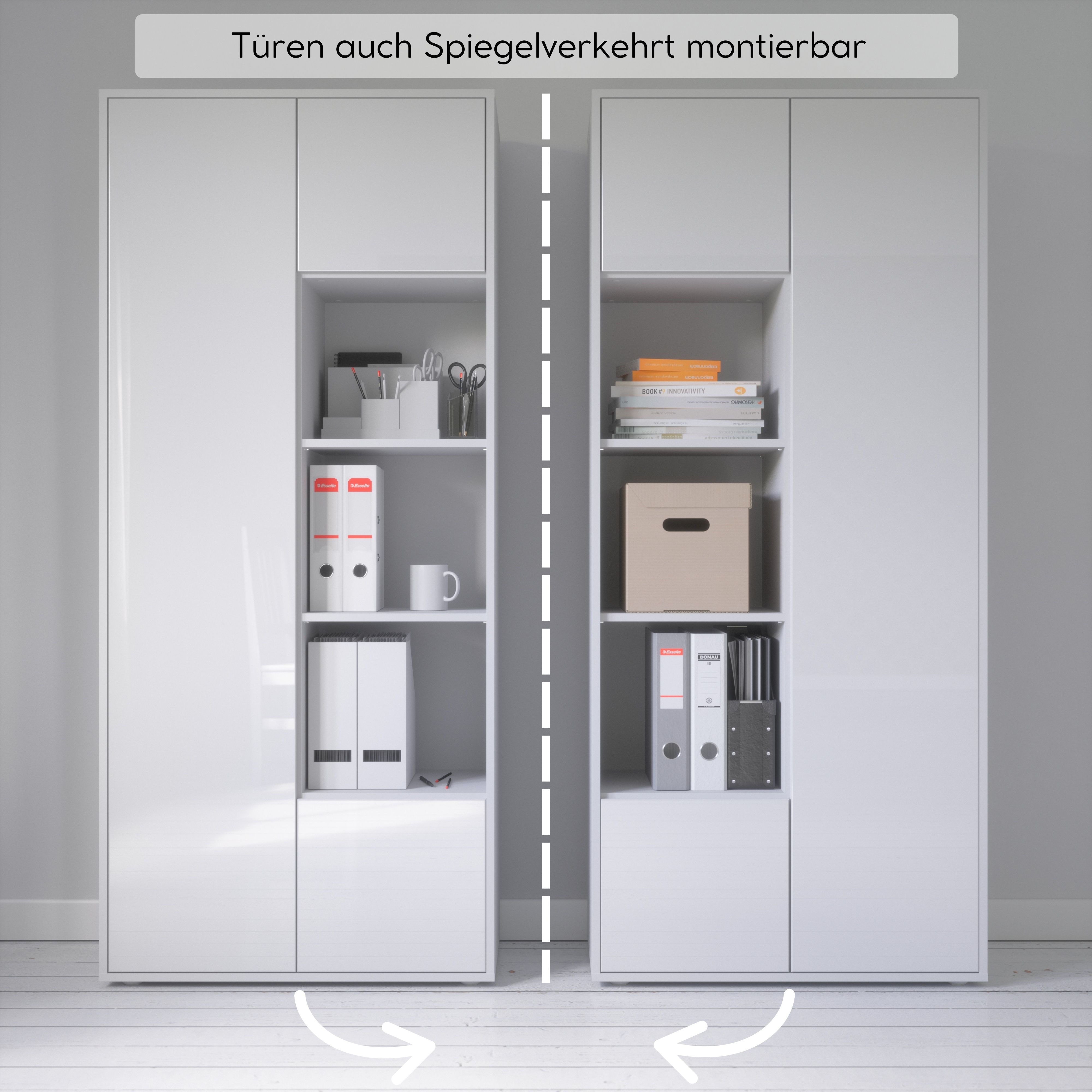 Büroschrank Amira T30 | Aktenschrank & Mehrzweckschrank in Weiß & Weiß Hochglanz | 3 offene Fächer | Push-to-Open | 181x80x40 cm | für Homeoffice & Büro
