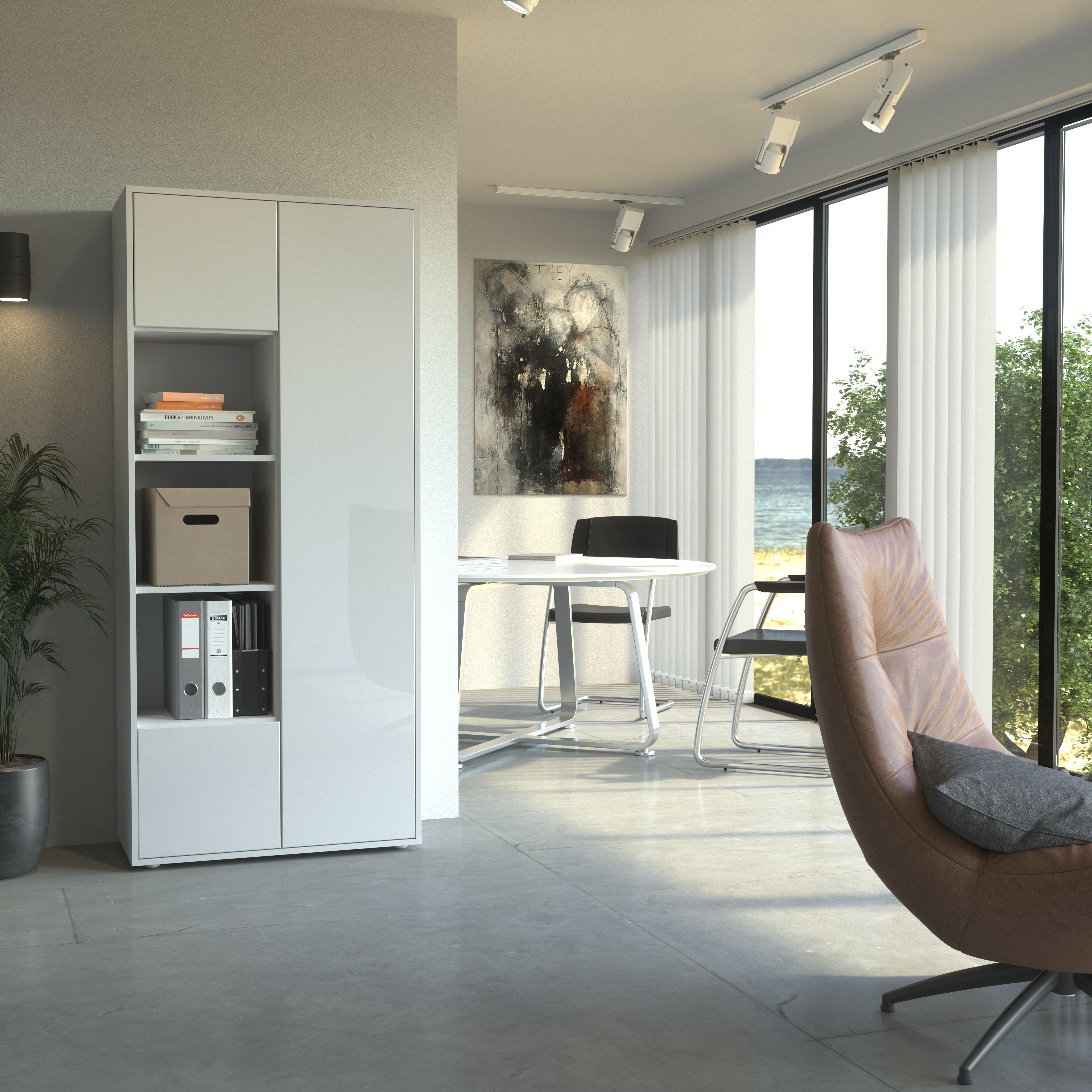 Büroschrank Amira T30 | Aktenschrank & Mehrzweckschrank in Weiß & Weiß Hochglanz | 3 offene Fächer | Push-to-Open | 181x80x40 cm | für Homeoffice & Büro