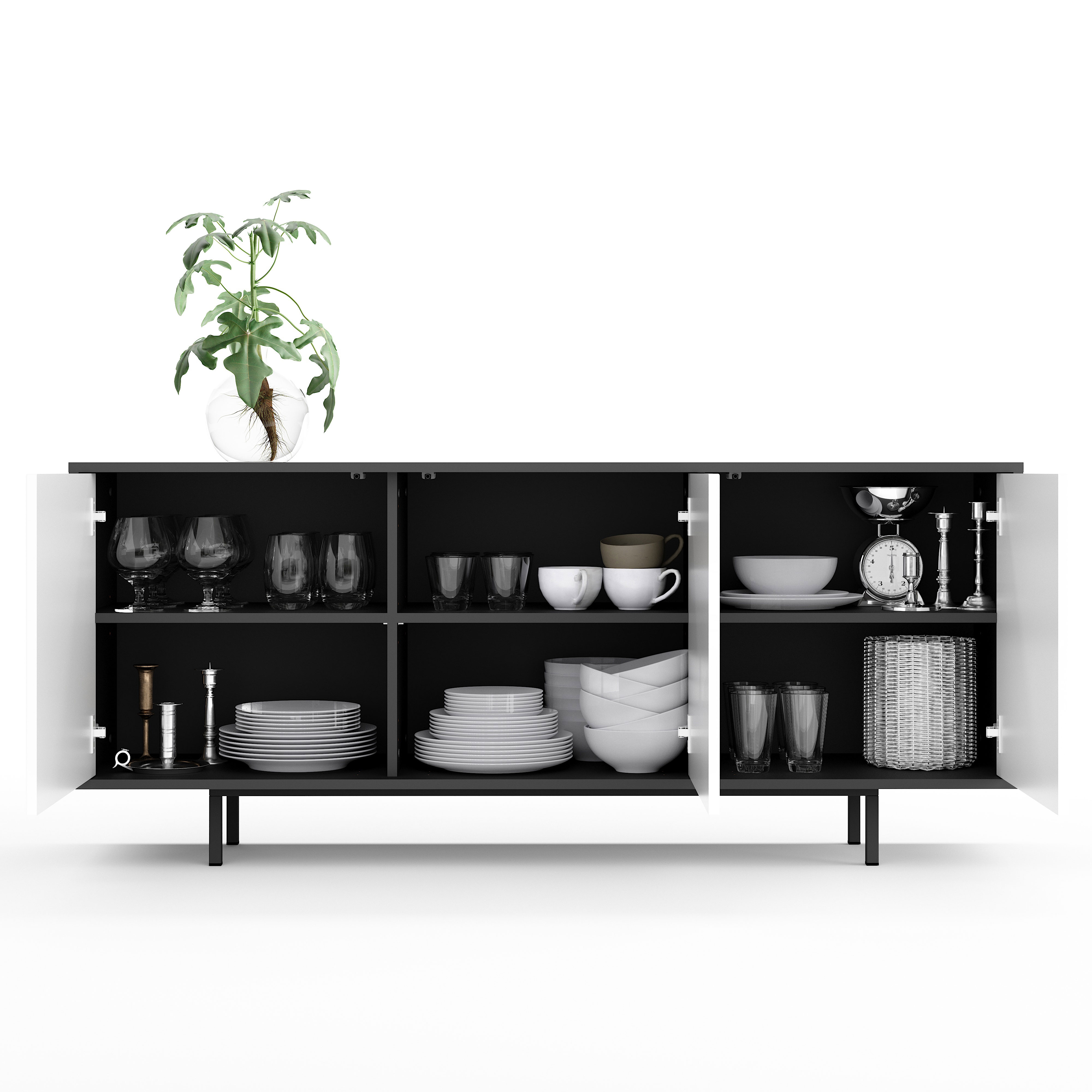 Sideboard Akia Kommode für Wohnzimmer oder Flur in Anthrazit mit Weiß Hochglanz Türen, 154x40x66 cm, Metallfüße, Push-to-Open, modernes Lowboard mit verstellbaren Einlegeböden