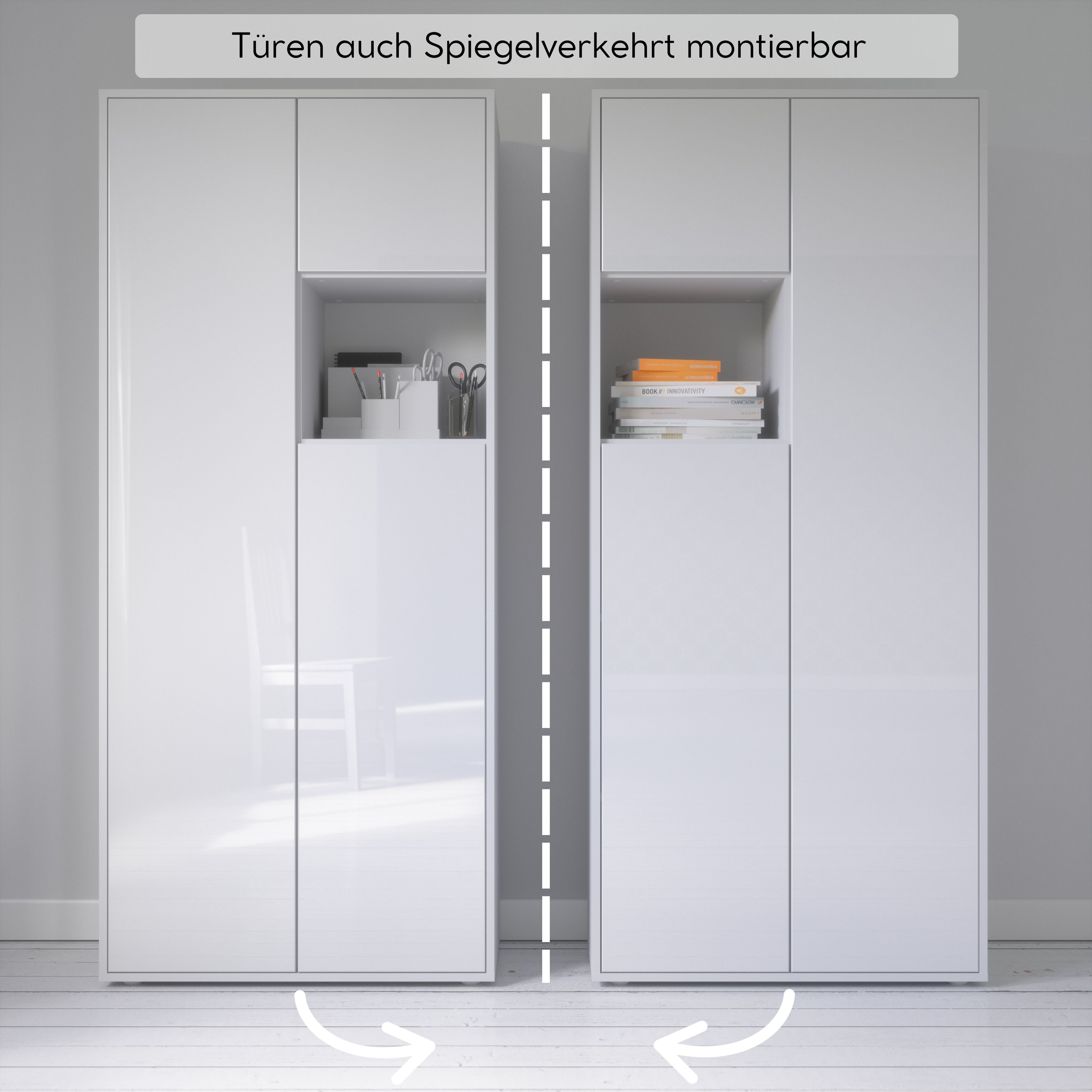 Büroschrank Amira T10 | Aktenschrank & Mehrzweckschrank mit offenem Fach | Weiß & Weiß Hochglanz | Push-to-Open | 180x80x40 cm | Modern für Büro & Homeoffice