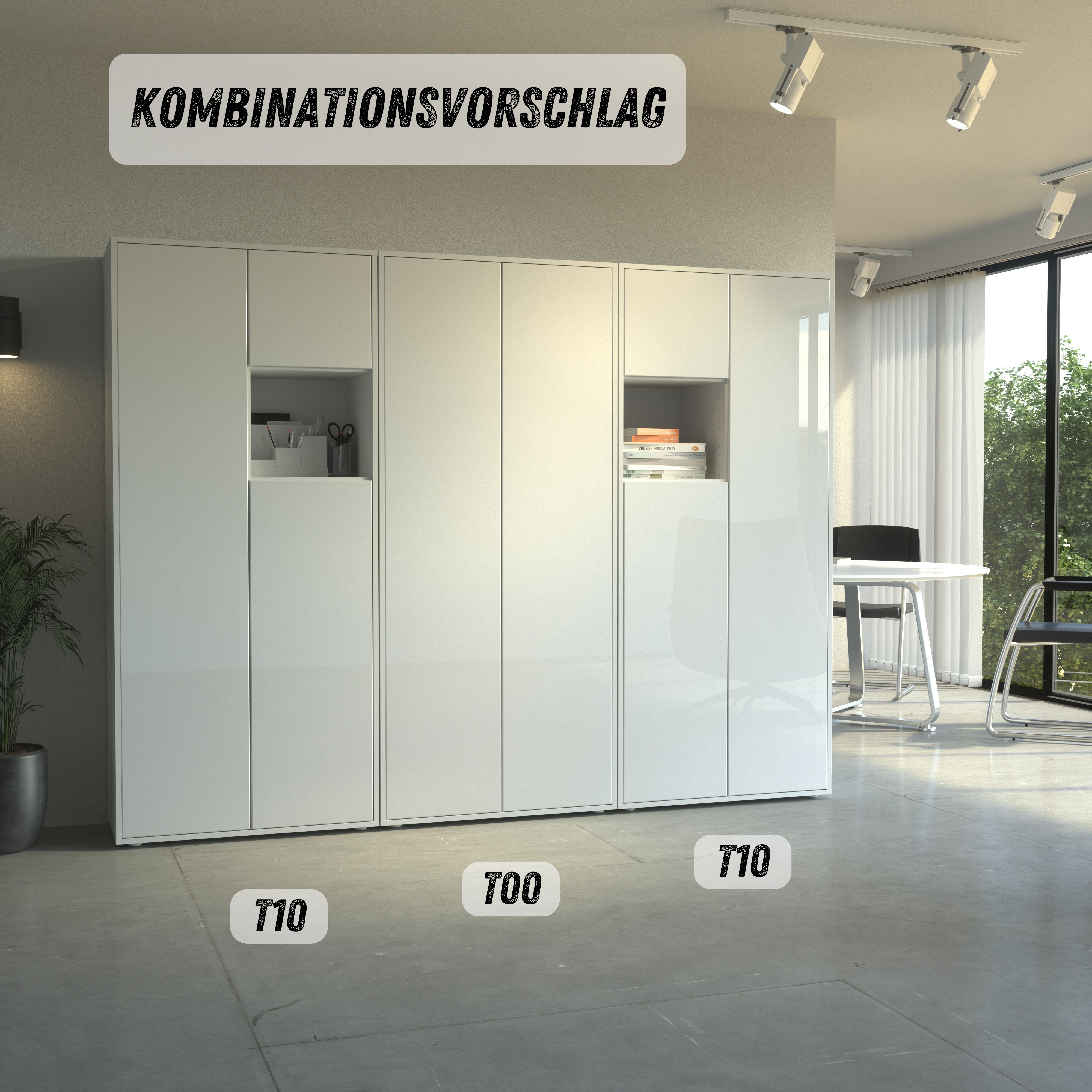 Büroschrank Amira T10 | Aktenschrank & Mehrzweckschrank mit offenem Fach | Weiß & Weiß Hochglanz | Push-to-Open | 180x80x40 cm | Modern für Büro & Homeoffice
