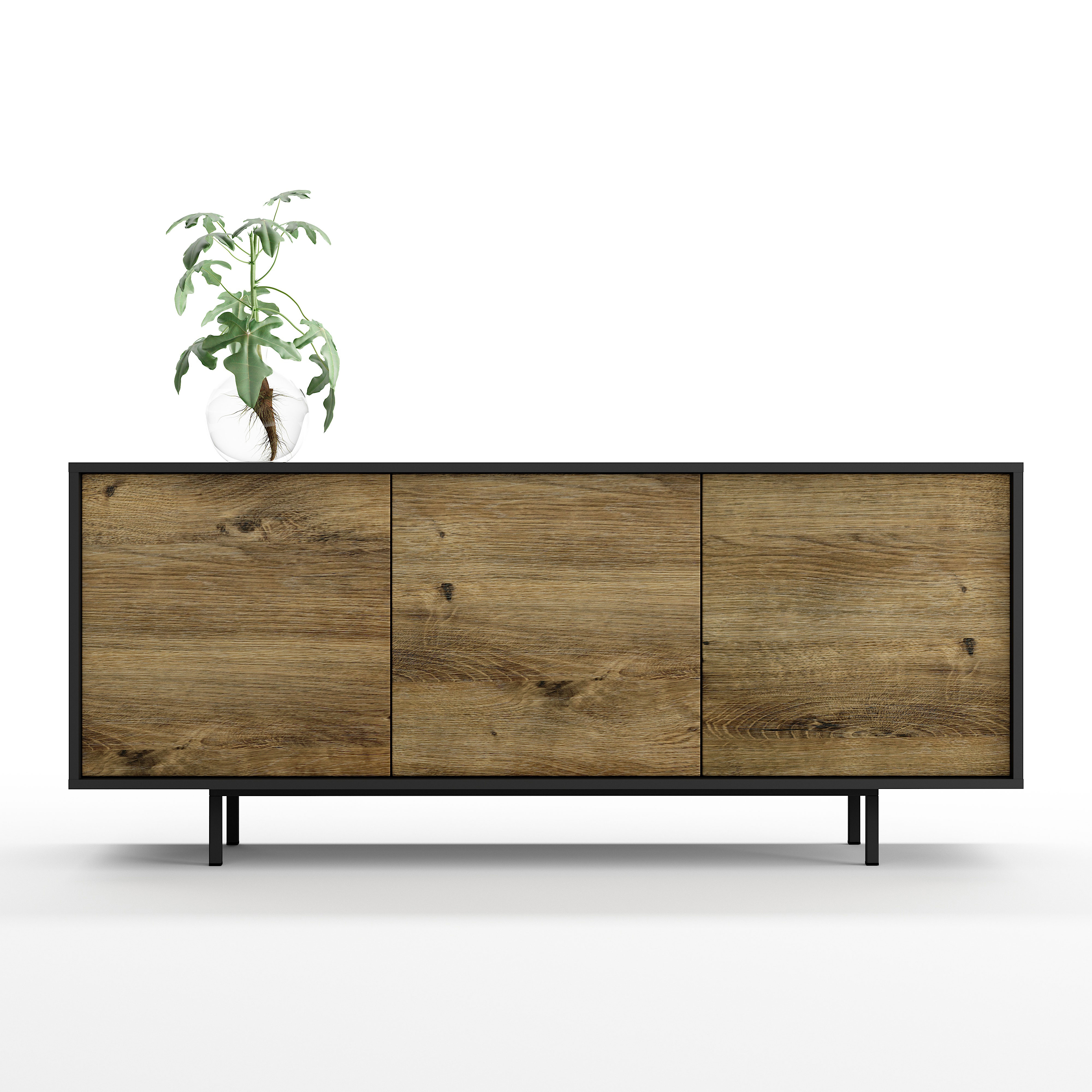 Sideboard Akia Kommode für Wohnzimmer oder Flur in Anthrazit mit Eiche Ribbeck Türen, 154x40x66 cm, Metallfüße, Push-to-Open, modernes Lowboard mit verstellbaren Einlegeböden