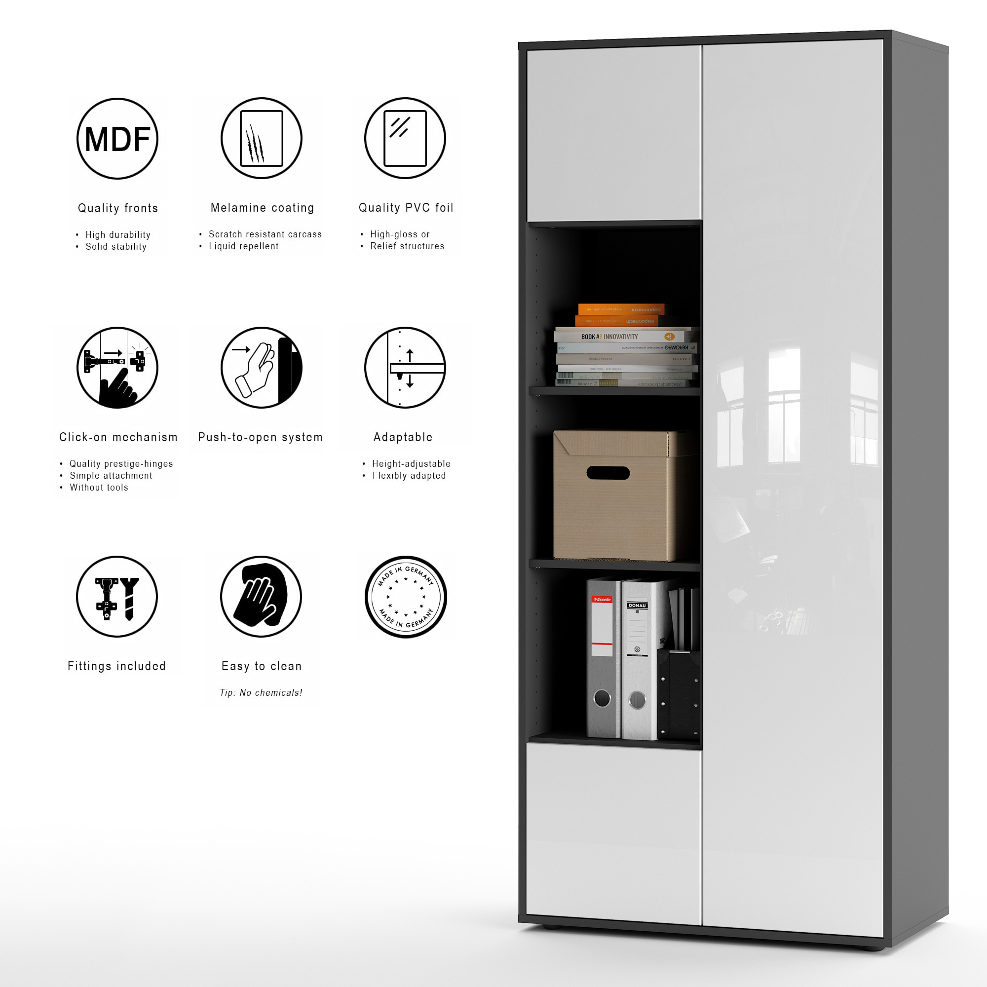 Büroschrank Amira T30, Schrank mit DREI offenen Fächern, Anthrazit Korpus, Fronten in Weiß Hochglanz, Push-to-Open, 180x80x40 cm, Moderner Schrank für Büro und Homeoffice