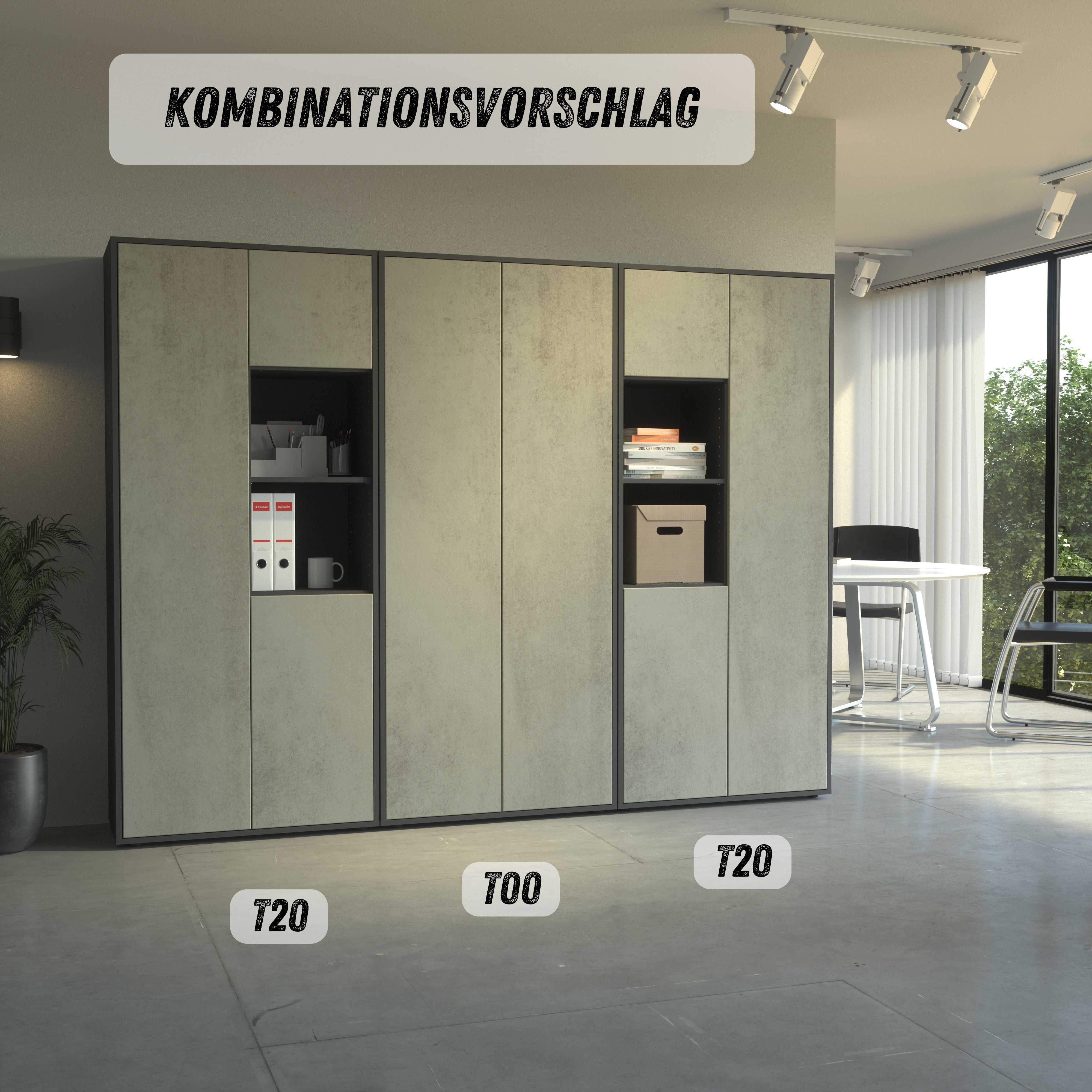 Büroschrank Amira T20, Schrank mit Zwei offenen Fächern, Anthrazit Korpus, Fronten in Beton Oxid , Push-to-Open, 180x80x40 cm, Büroschrank für Büro und Homeoffice