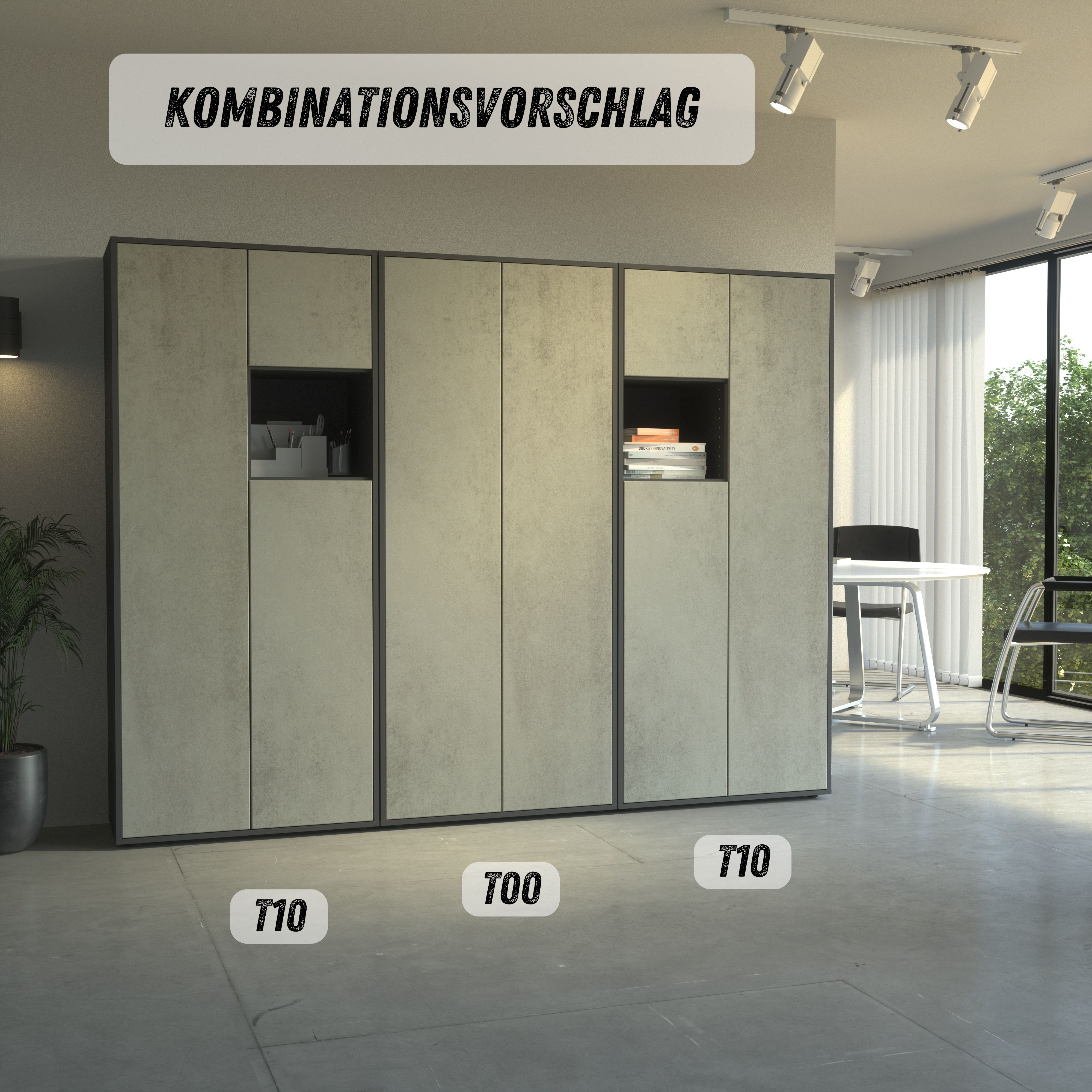 Büroschrank Amira T10, Schrank mit kleinem offenem Fach, Anthrazit , Push-to-Open, 180x80x40 cm, Büroschrank mit Ablage für Deko