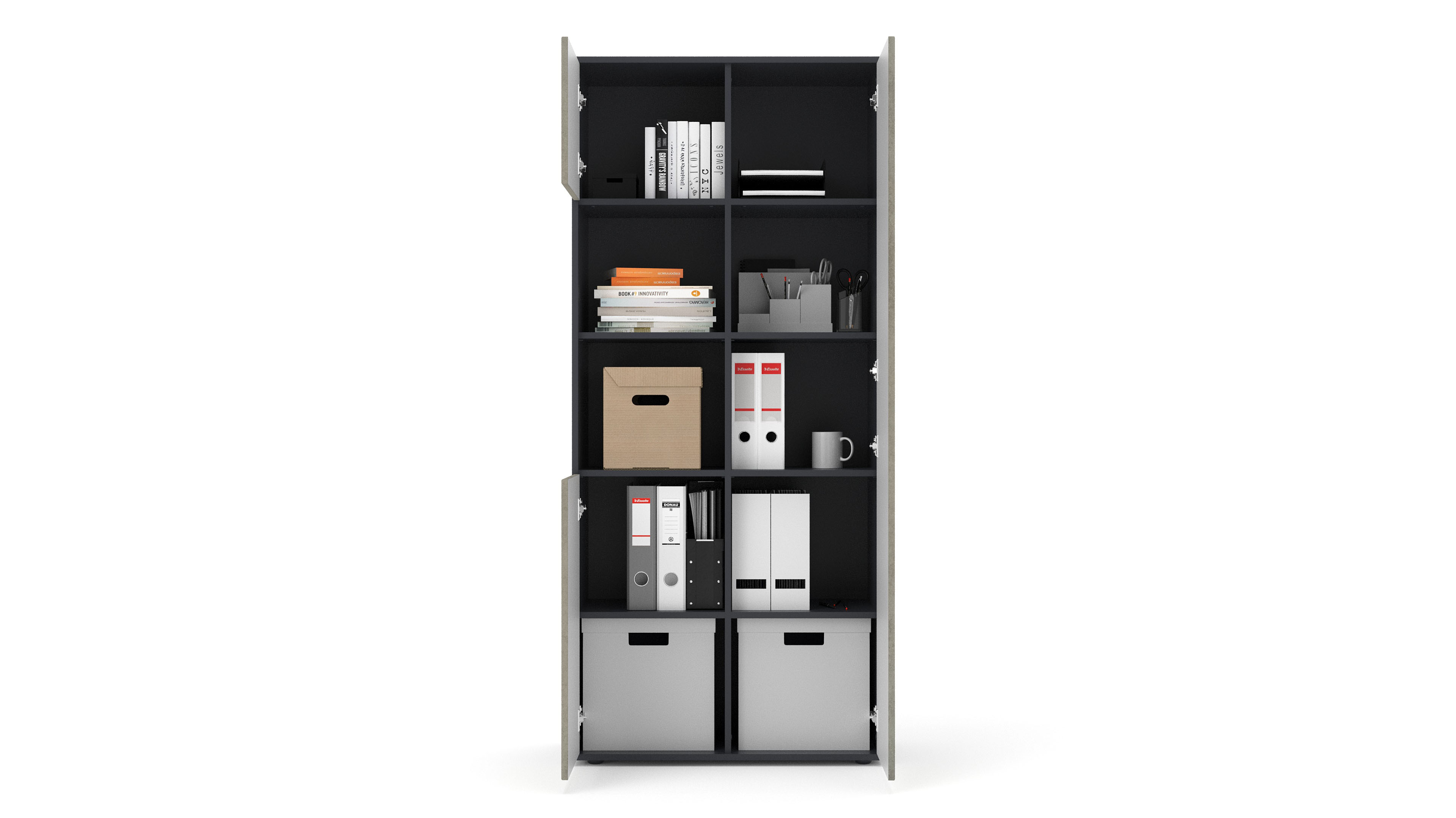 Büroschrank Amira T20, Schrank mit Zwei offenen Fächern, Anthrazit Korpus, Fronten in Beton Oxid , Push-to-Open, 180x80x40 cm, Büroschrank für Büro und Homeoffice