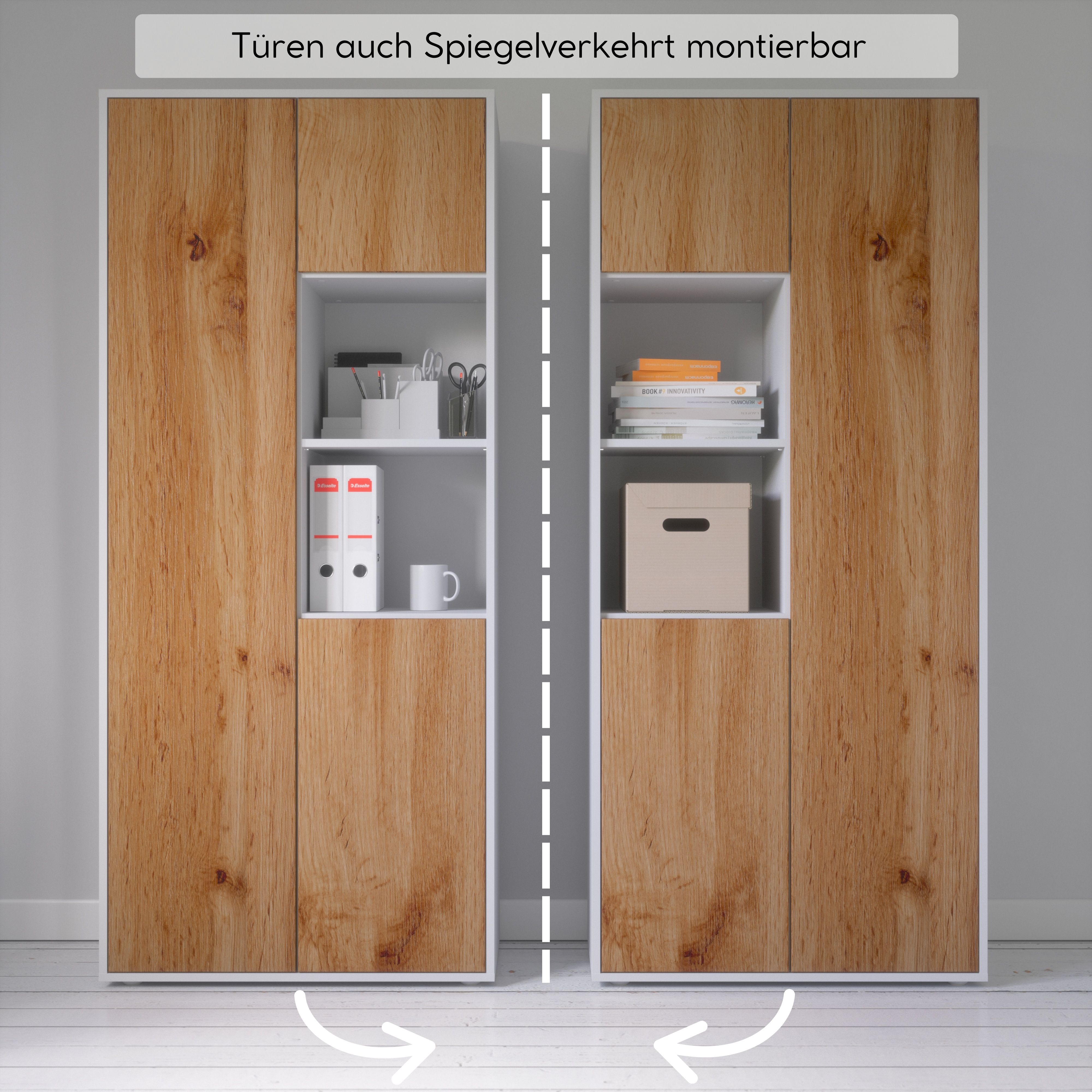 Büroschrank Amira T20 | mit 2 offenen Fächern | Aktenschrank & Mehrzweckschrank in Korpus Weiß & Front Eiche Wotan | Push-to-Open | 180x80x40 cm