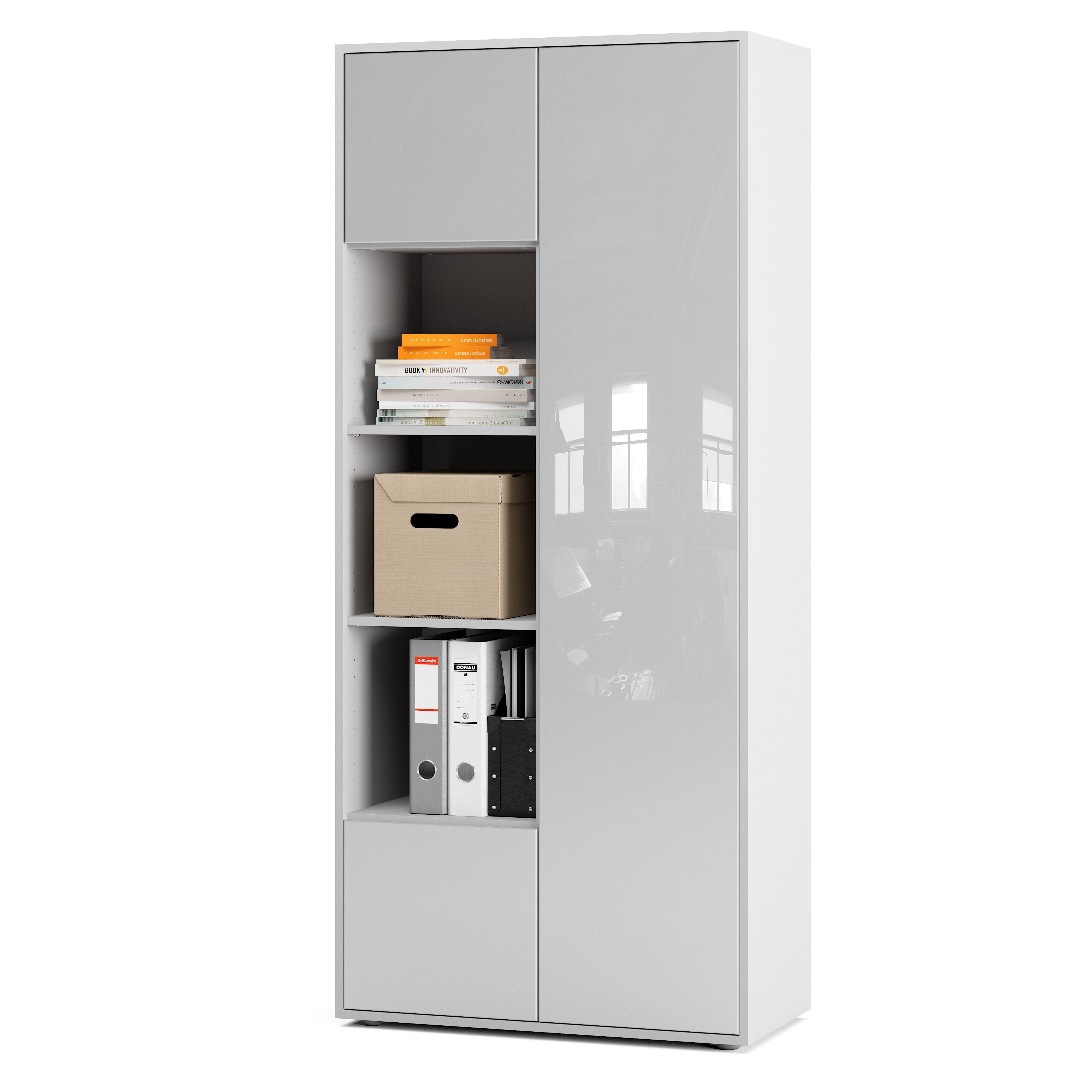 Büroschrank Amira T30 | Aktenschrank & Mehrzweckschrank in Weiß & Weiß Hochglanz | 3 offene Fächer | Push-to-Open | 181x80x40 cm | für Homeoffice & Büro