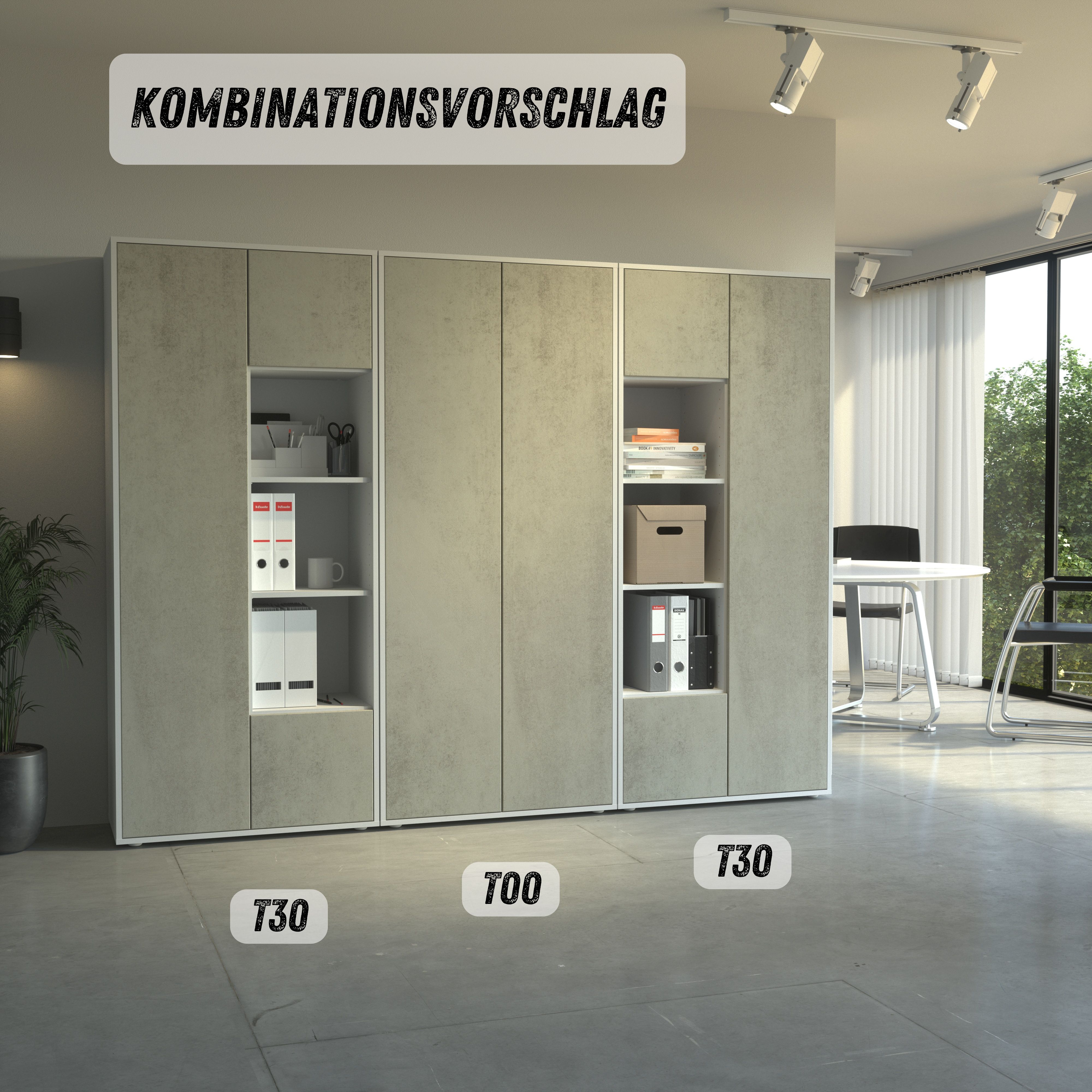 Büroschrank Amira T30 | Aktenschrank & Mehrzweckschrank in Weiß & Beton Oxid | 3 offene Fächer | Push-to-Open | 181x80x40 cm | für Homeoffice & Büro
