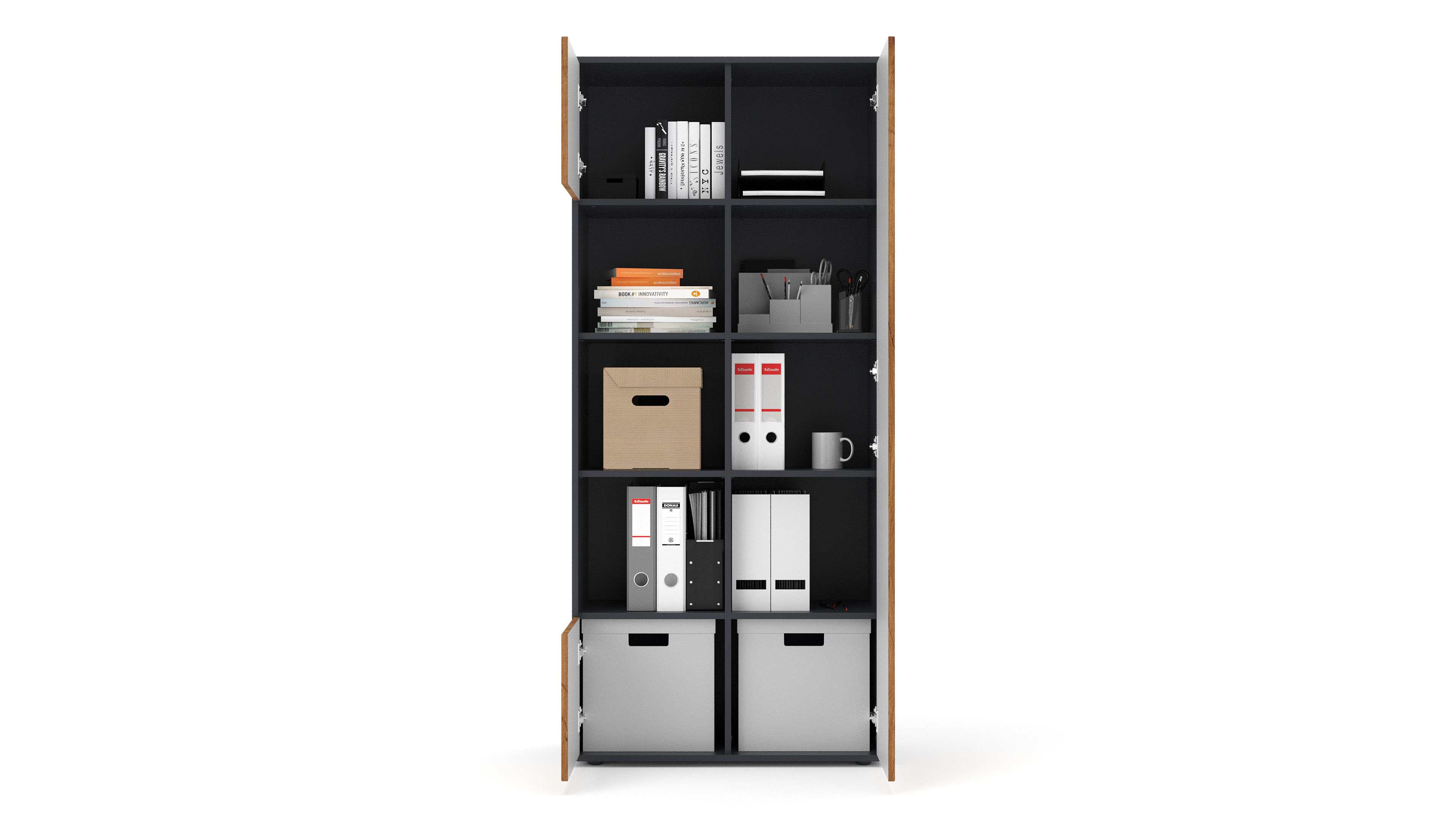 Büroschrank Amira T30, Schrank mit DREI offenen Fächern, Anthrazit Korpus, Fronten in Eiche Wotan, Push-to-Open, 180x80x40 cm, Moderner Schrank für Büro und Homeoffice