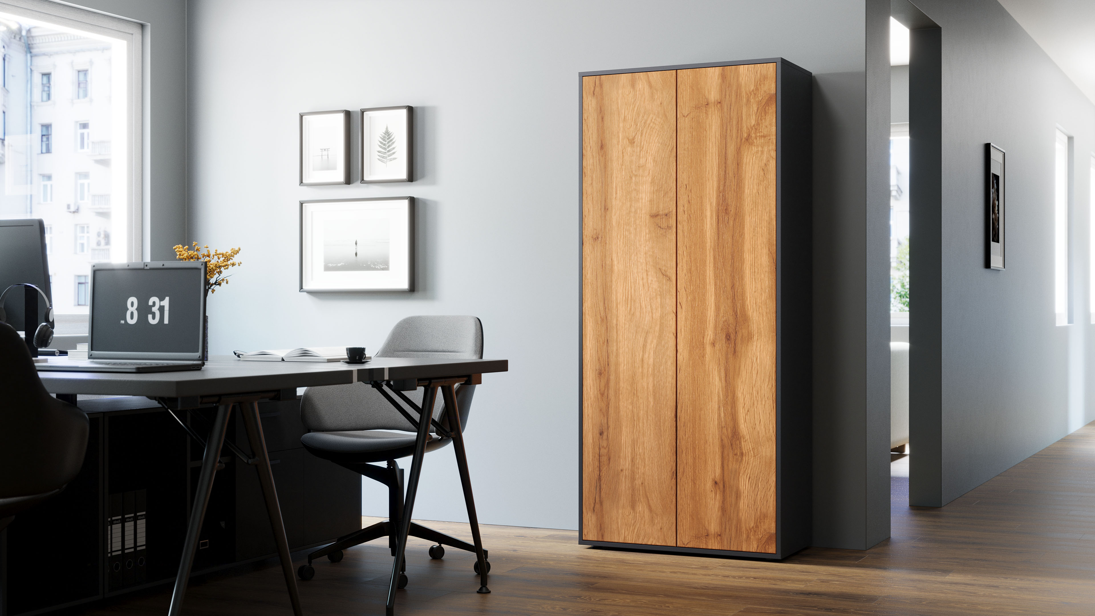 Büroschrank Amira T00, geschlossener Schrank mit 2 großen Türen, Anthrazit Korpus, Fronten in Eiche Wotan, Push-to-Open, 180x80x40 cm, Aktenregal für Büro und Homeoffice